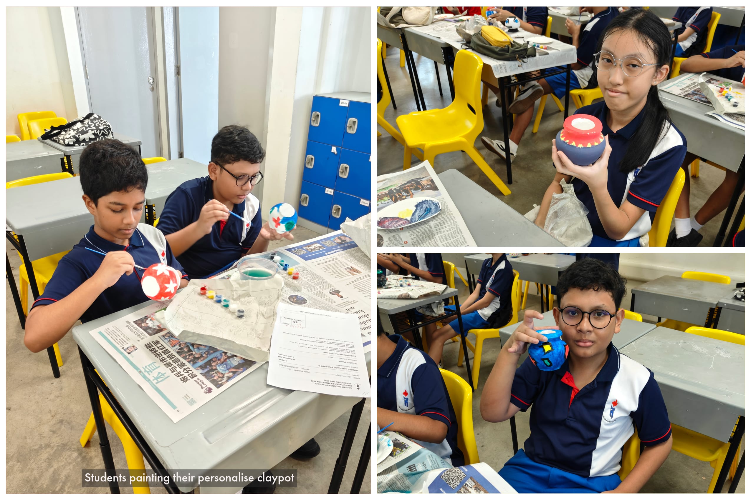 Students in blue uniforms painting and displaying their colorful handmade clay pots at desks covered with newspaper.