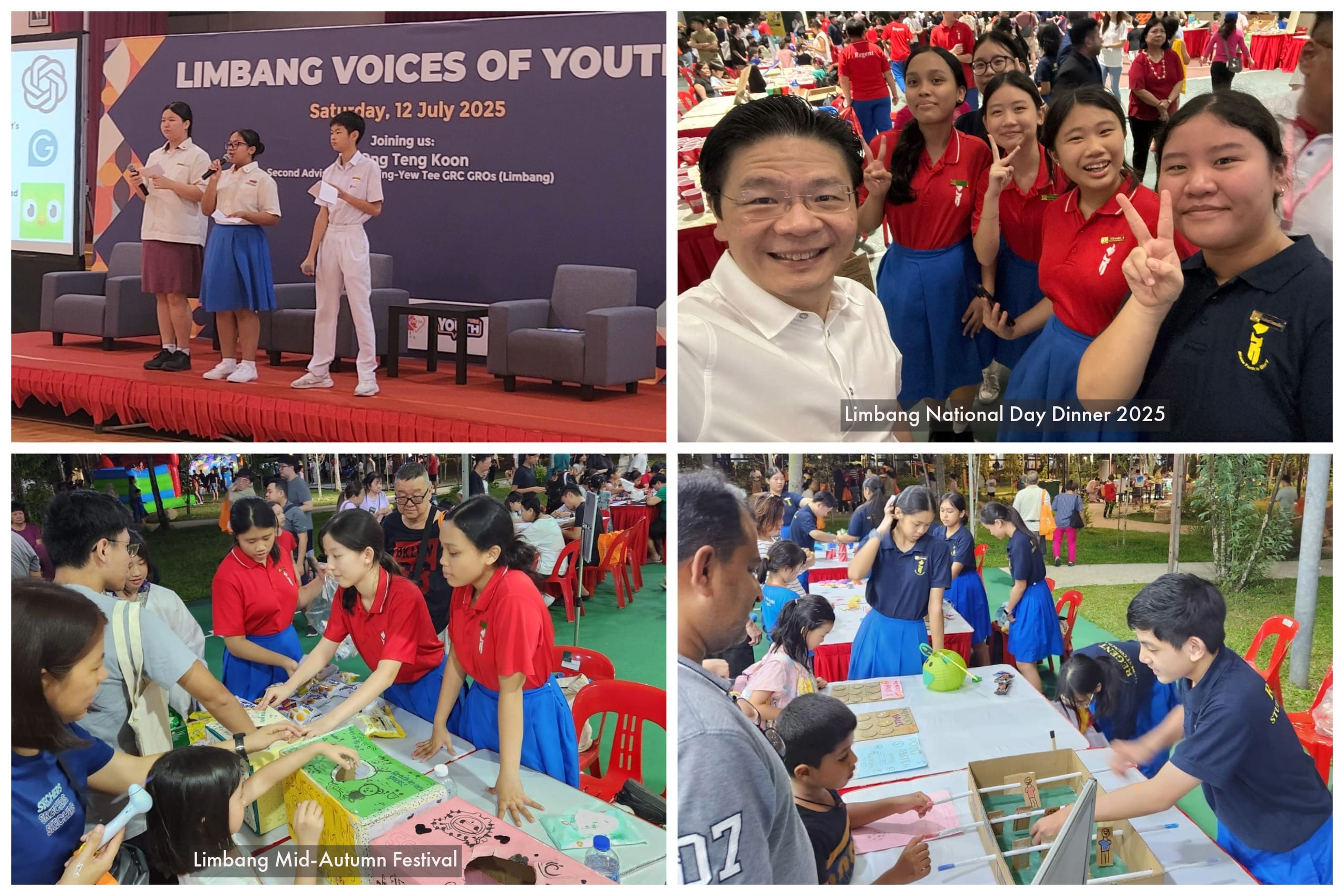 Four photos from Limbang community events in 2025 showing students on stage, a selfie, and craft activity booths.