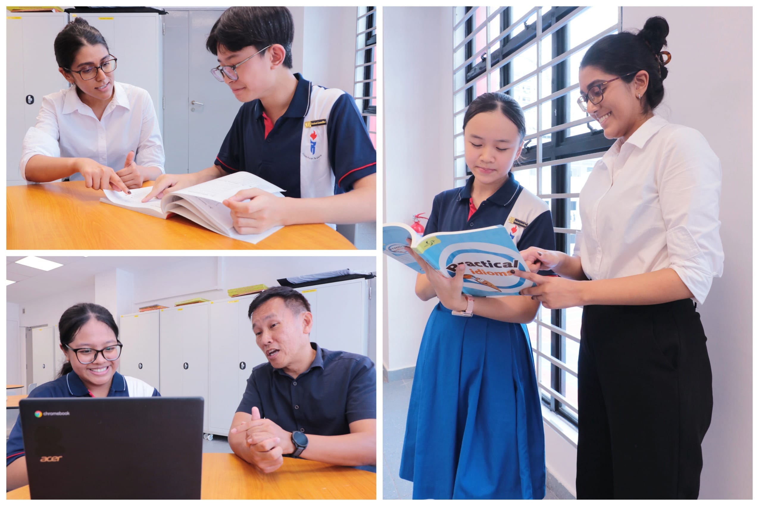 Three scenes of teachers and students learning together using books and a Chromebook laptop in a school setting.
