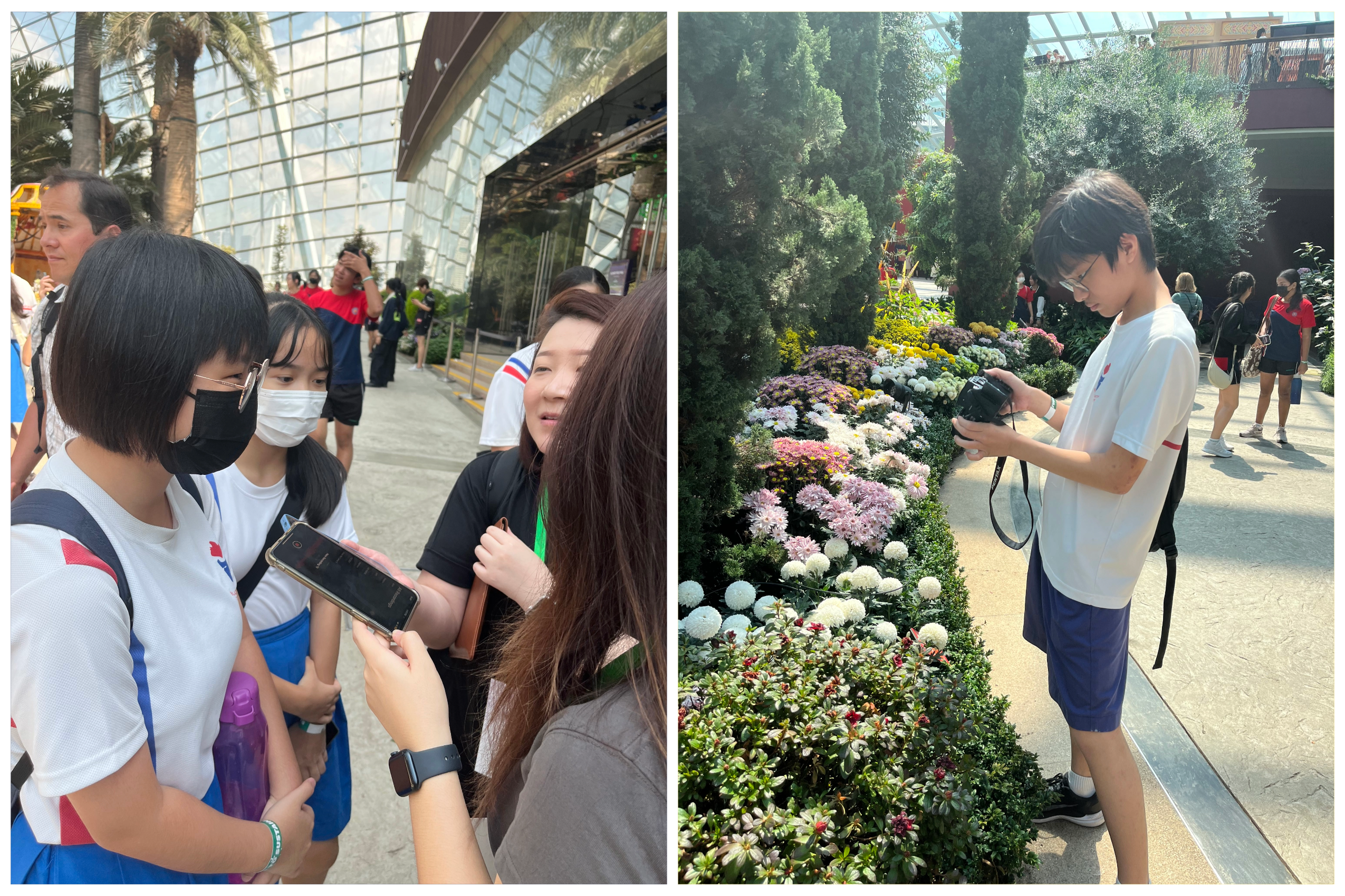 Left: teens in masks talk by a glass building; right: teen photographs colorful flowers beside trees.