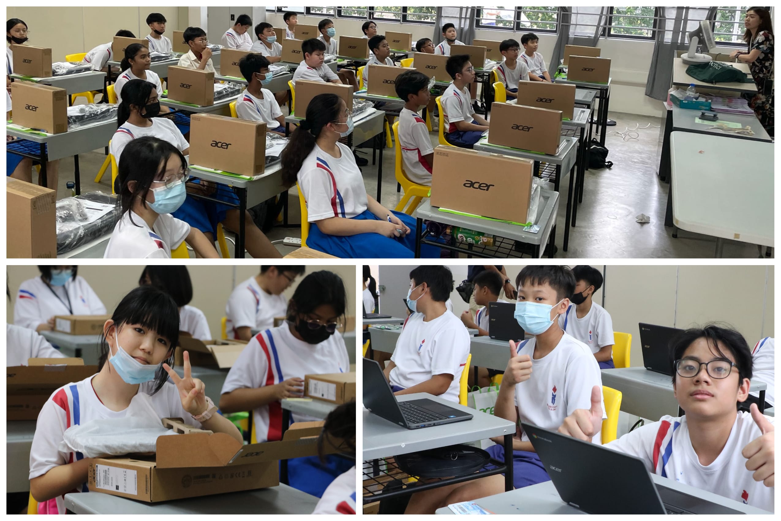Students in school uniforms and masks unbox Acer laptops in a classroom, with two giving thumbs up and peace signs.
