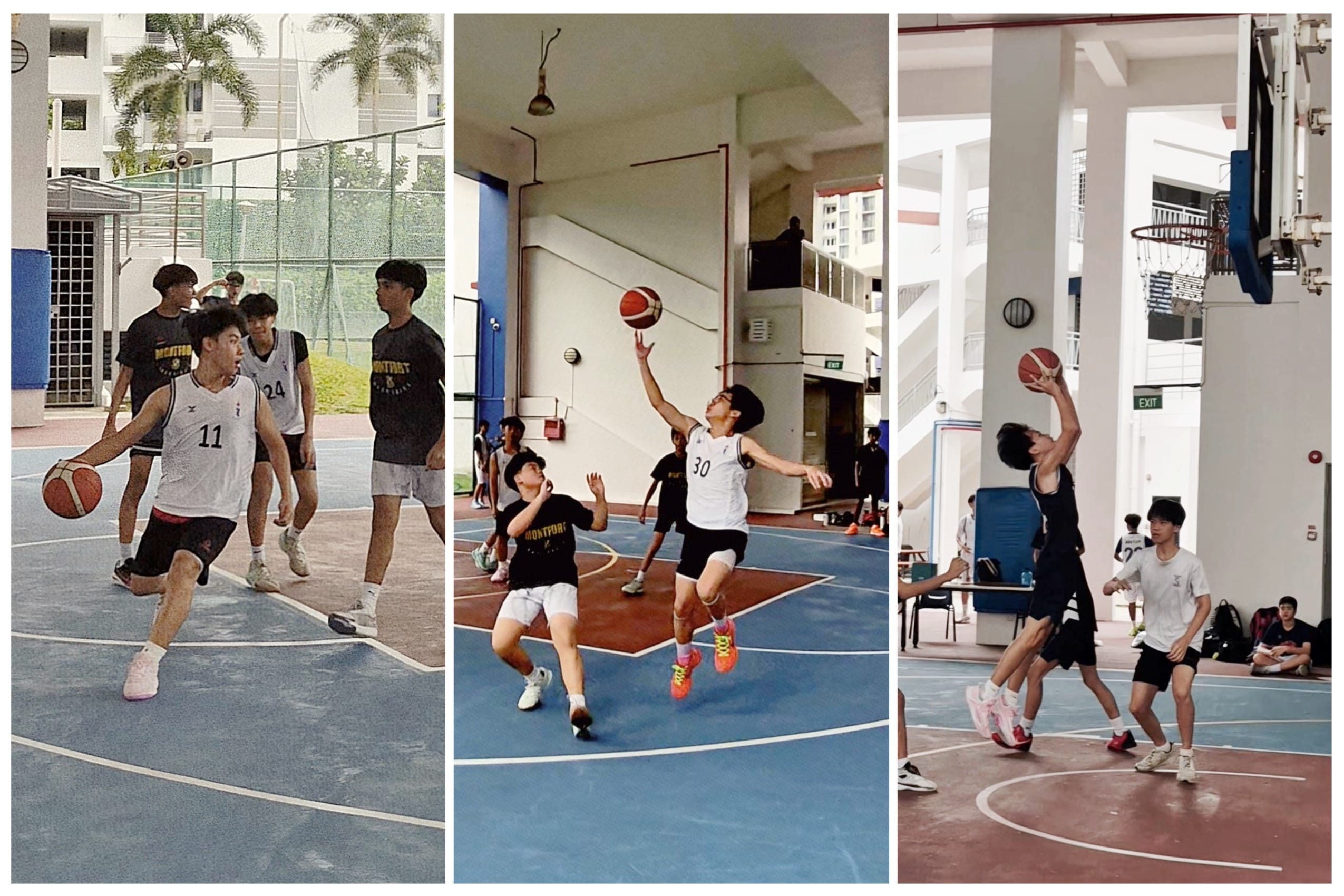 Three panels show teenage boys playing basketball on outdoor and indoor courts, dribbling, jumping, and shooting.