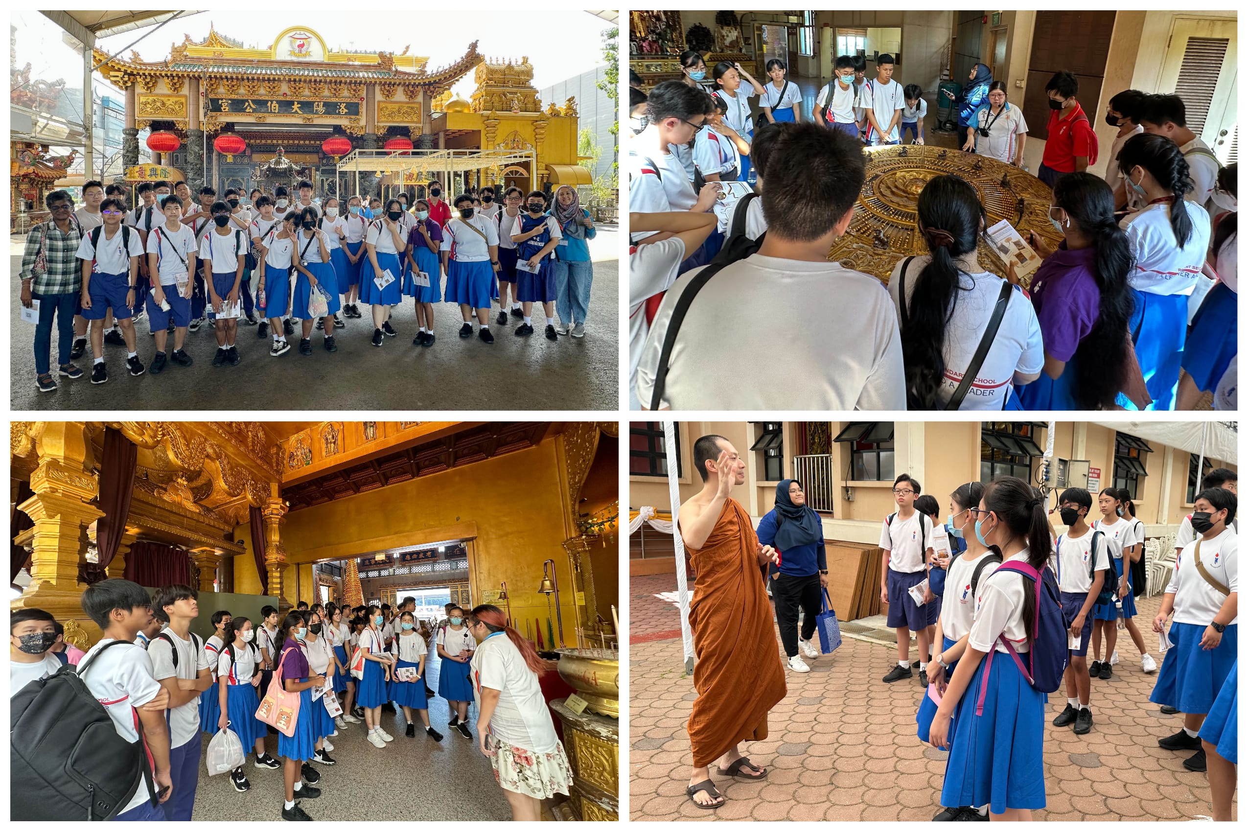 Four photos show students in uniforms touring a gold temple, viewing artifacts, and listening to a monk.