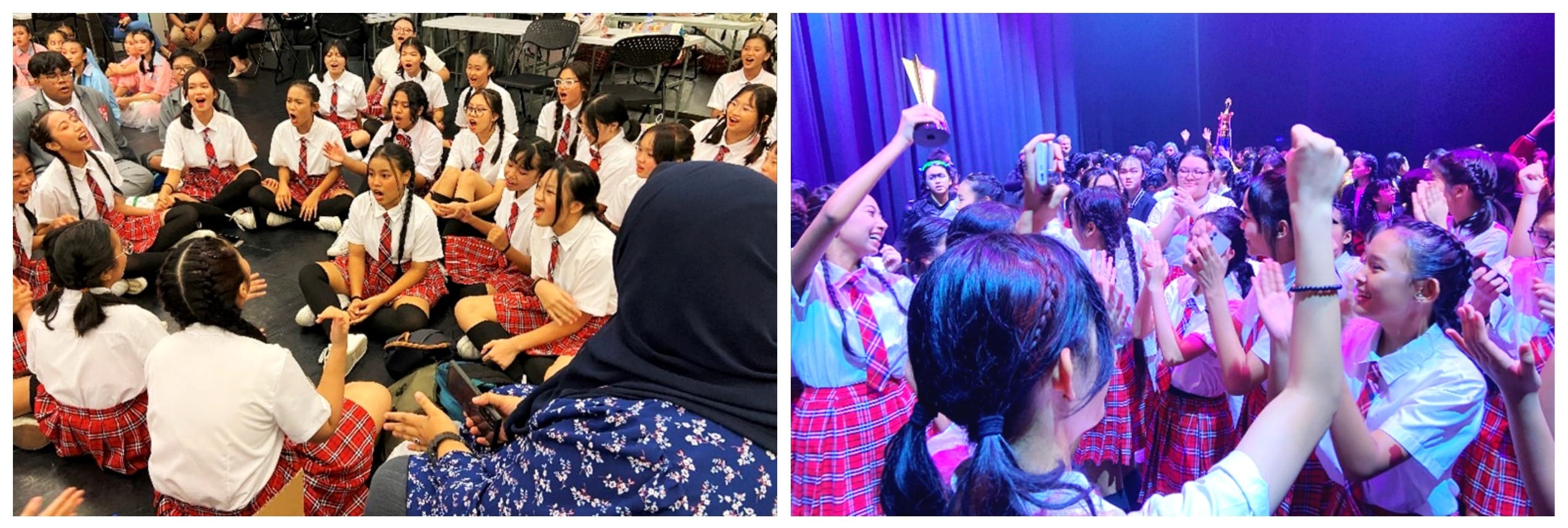 Students in white shirts and red plaid skirts sit in a circle rehearsing, then celebrate on stage with raised hands.