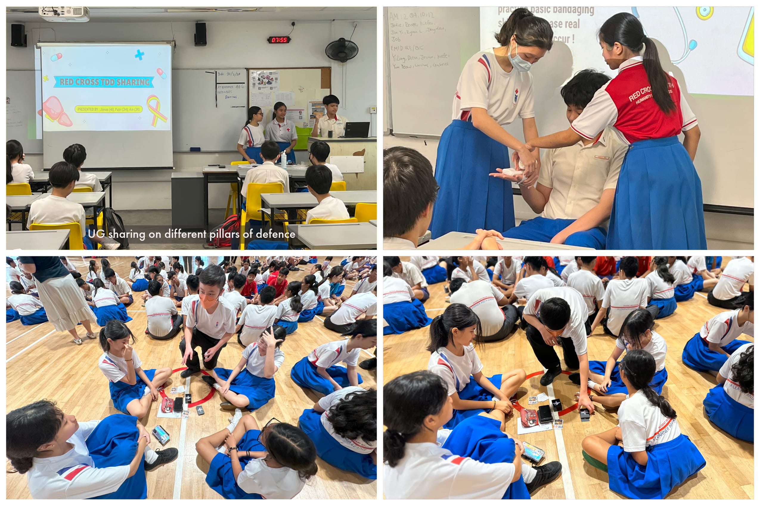Four photos show students giving a Red Cross talk and practicing first aid in class and on a gym floor.