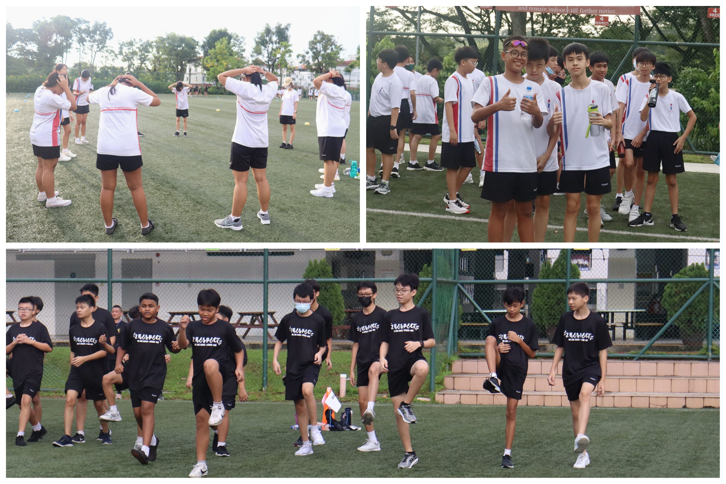 Students in sports uniforms warm up and pose on an outdoor field, shown in three photo panels.