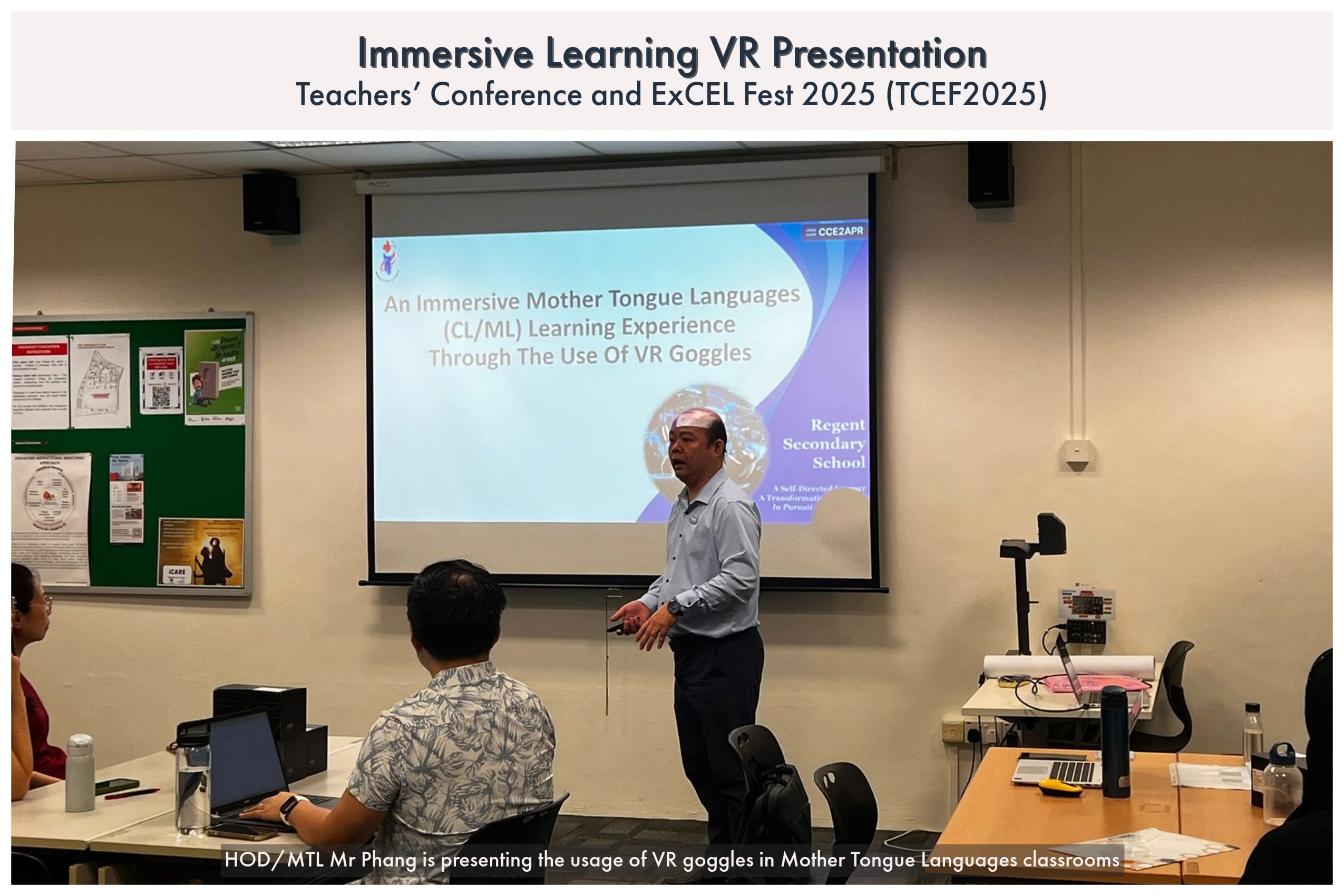 A man stands presenting in front of a projected slide about VR goggles for Mother Tongue language learning at TCEF2025.