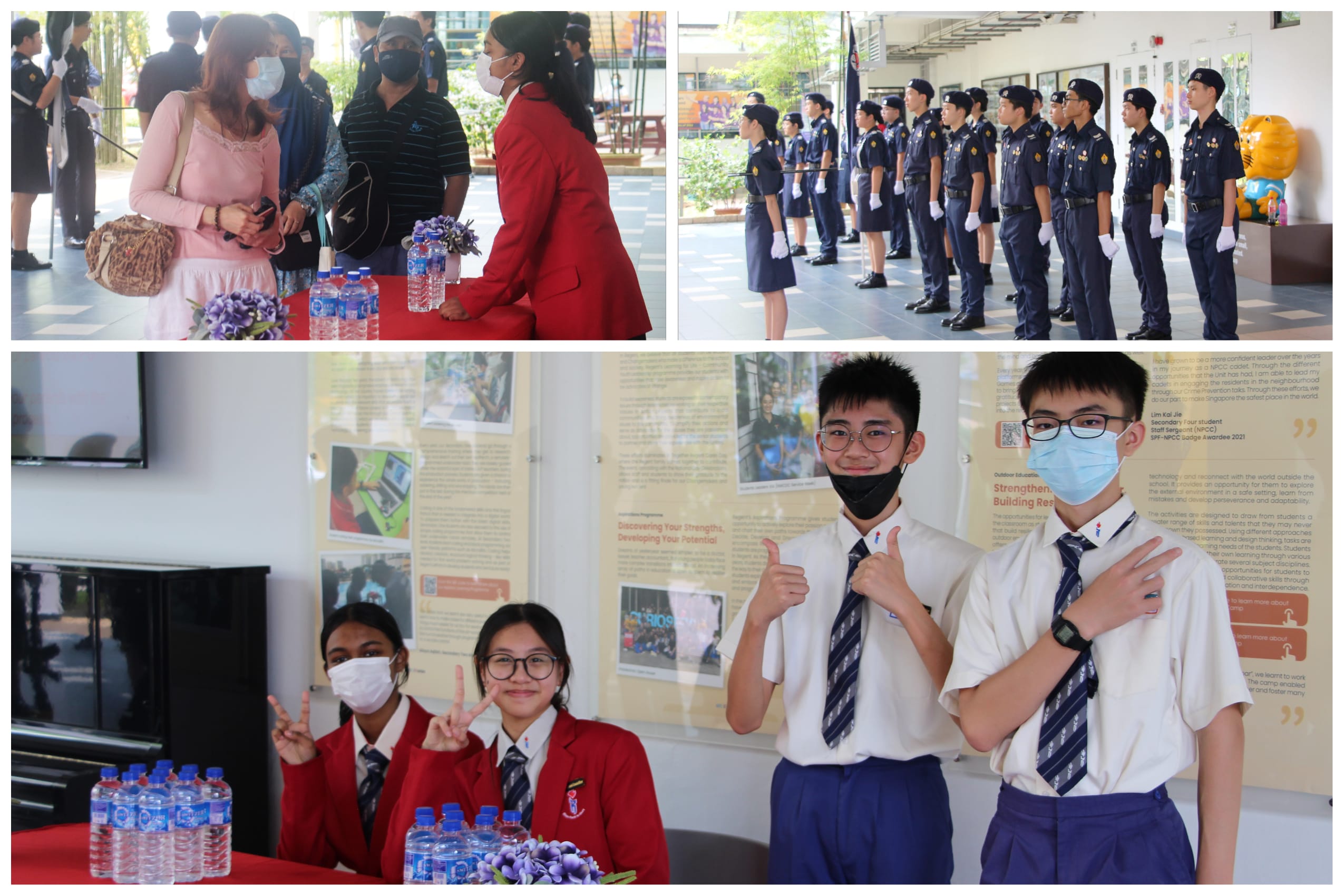 Collage: masked people at table with water, uniformed cadets lined up, four students posing with peace signs.
