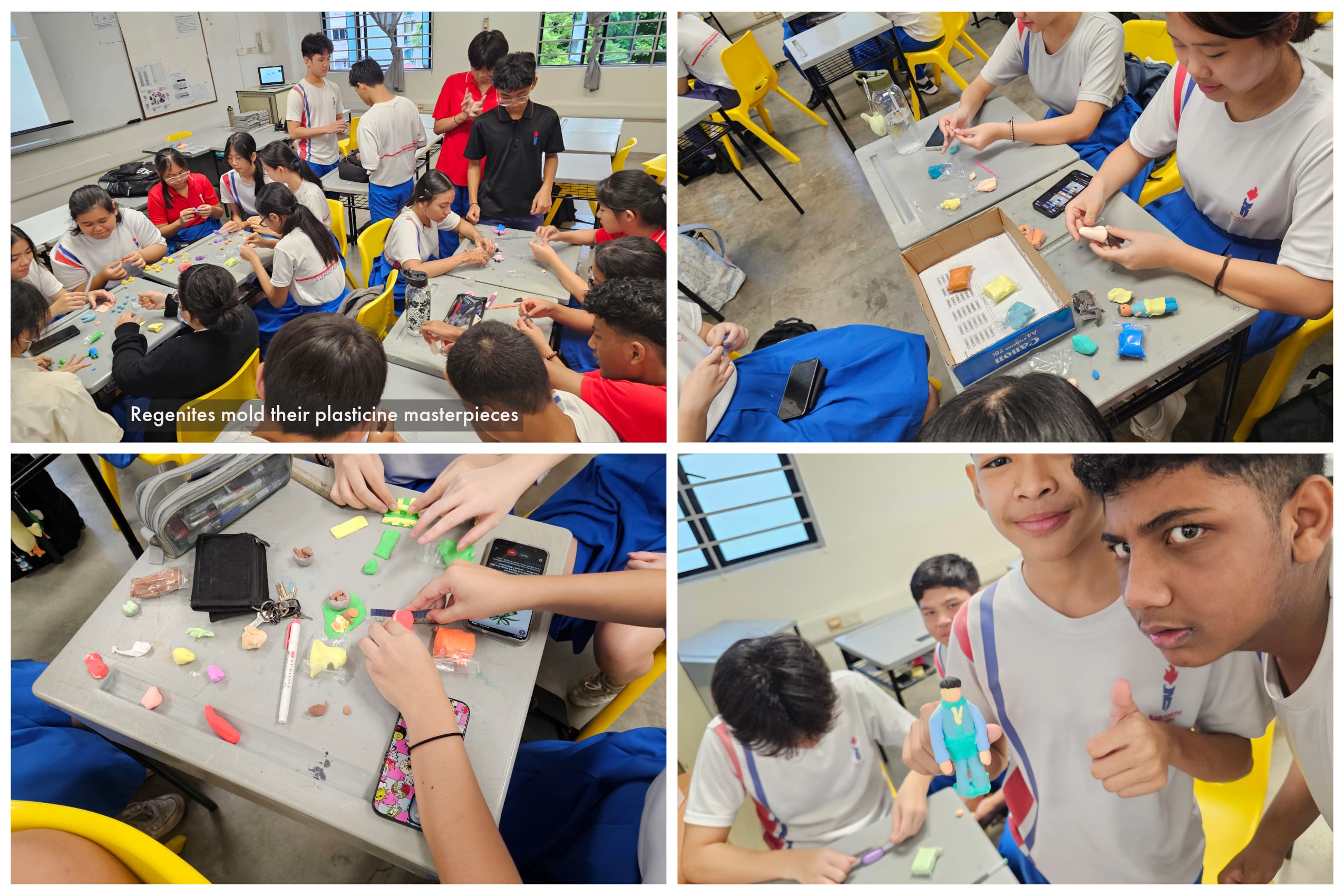 Collage of students in a classroom molding colorful plasticine on desks; one boy holds a small figure, thumbs up.