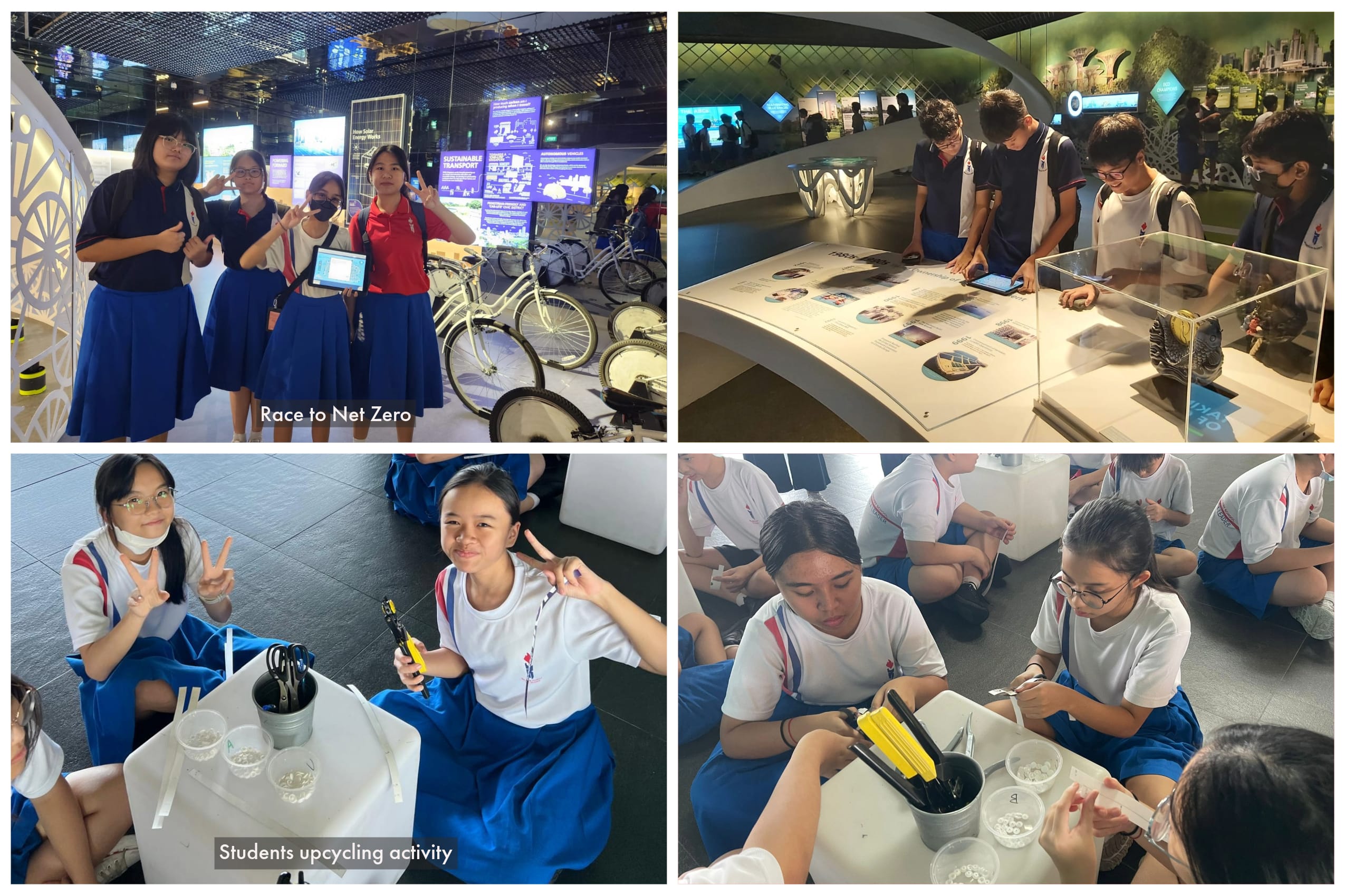Students in school uniforms at a Race to Net Zero exhibit and doing an upcycling activity with tools and small parts.