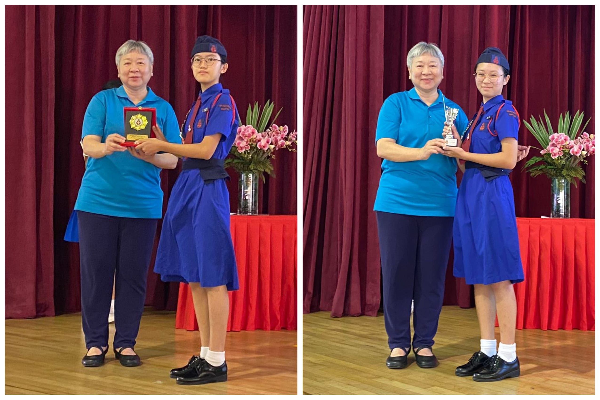 Two women pose together twice, holding a plaque then a trophy, in front of a red curtain with flowers.