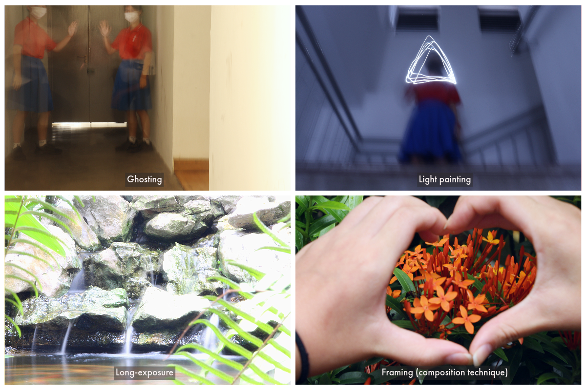 Four photography techniques: ghosting, light painting, long-exposure waterfall, and hands forming a heart framing orange flowers.