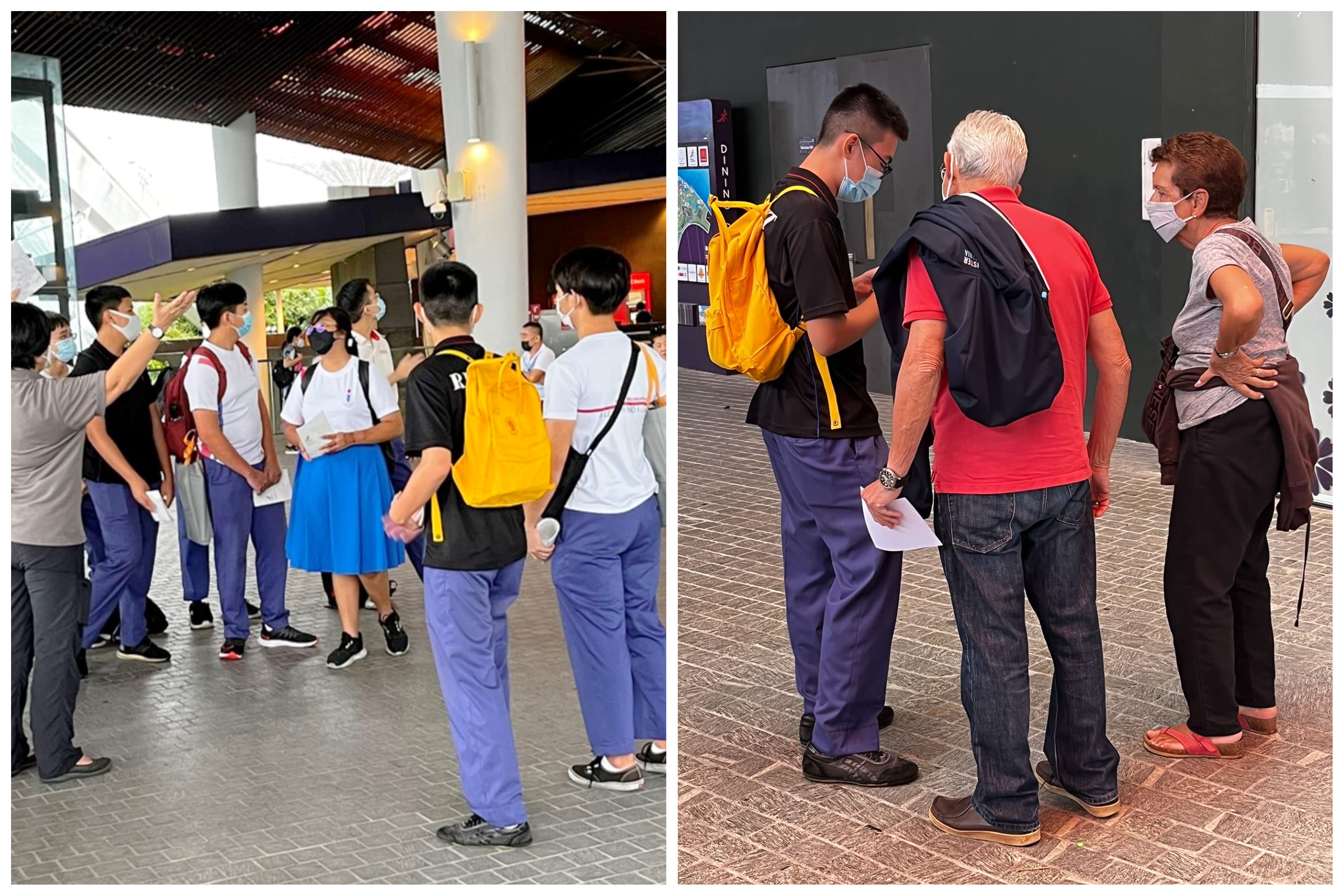 Two side-by-side photos of masked people outdoors; left shows a student group, right shows three people reviewing a paper.