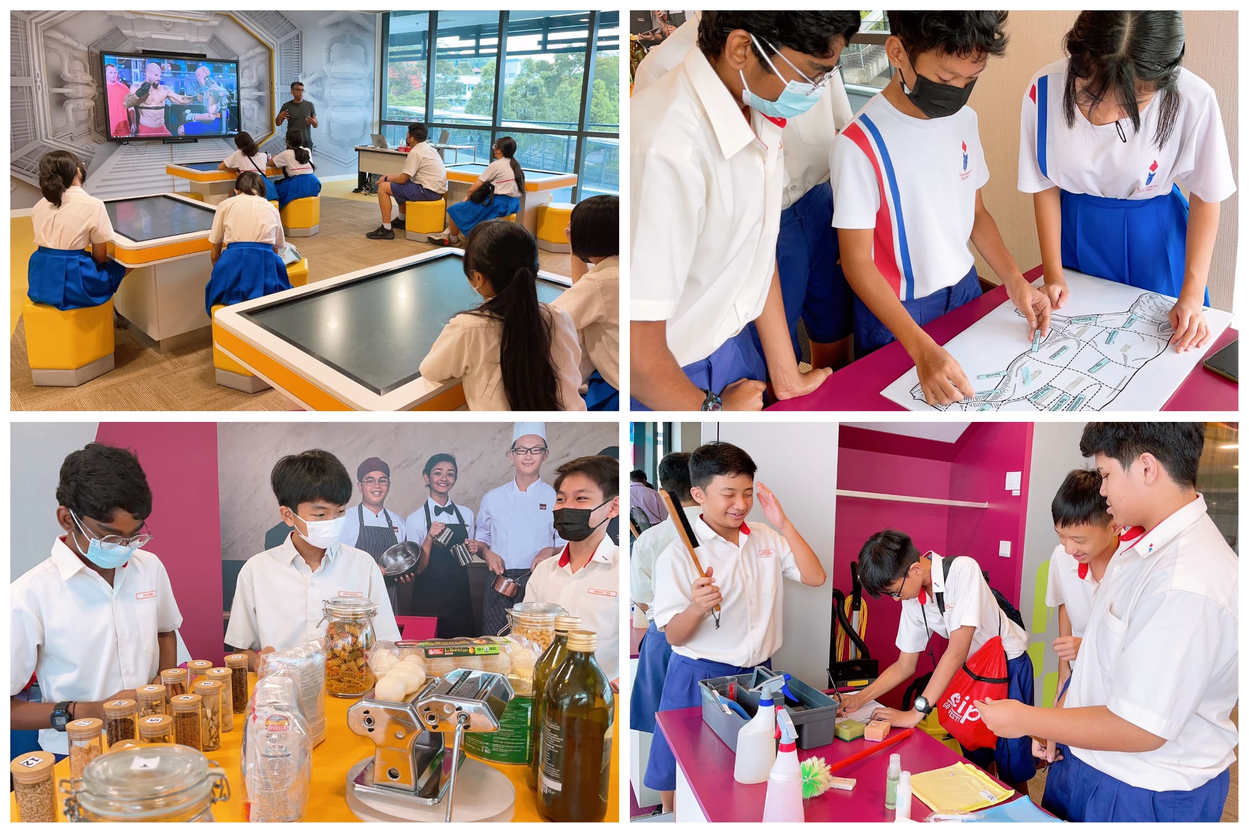 Four scenes of uniformed students doing activities: watching a screen, studying a map, examining food jars, and handling cleaning tools.