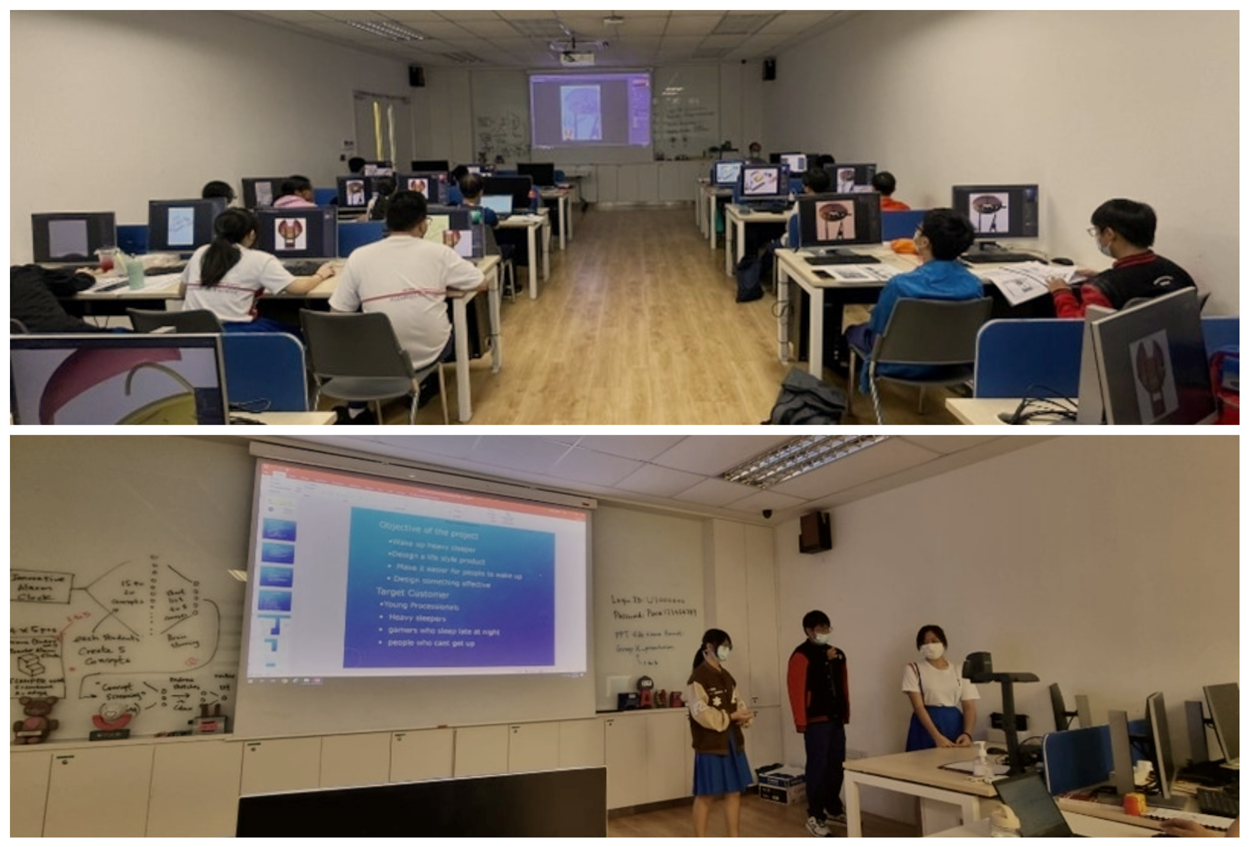 Two classroom scenes: students at computers in a lab above, and three masked students presenting a slideshow below.
