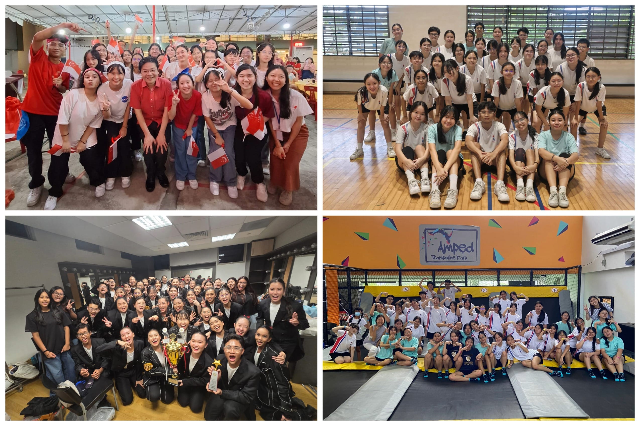 Four group photos of students posing together at various events including a gym, trampoline park, and award celebration.