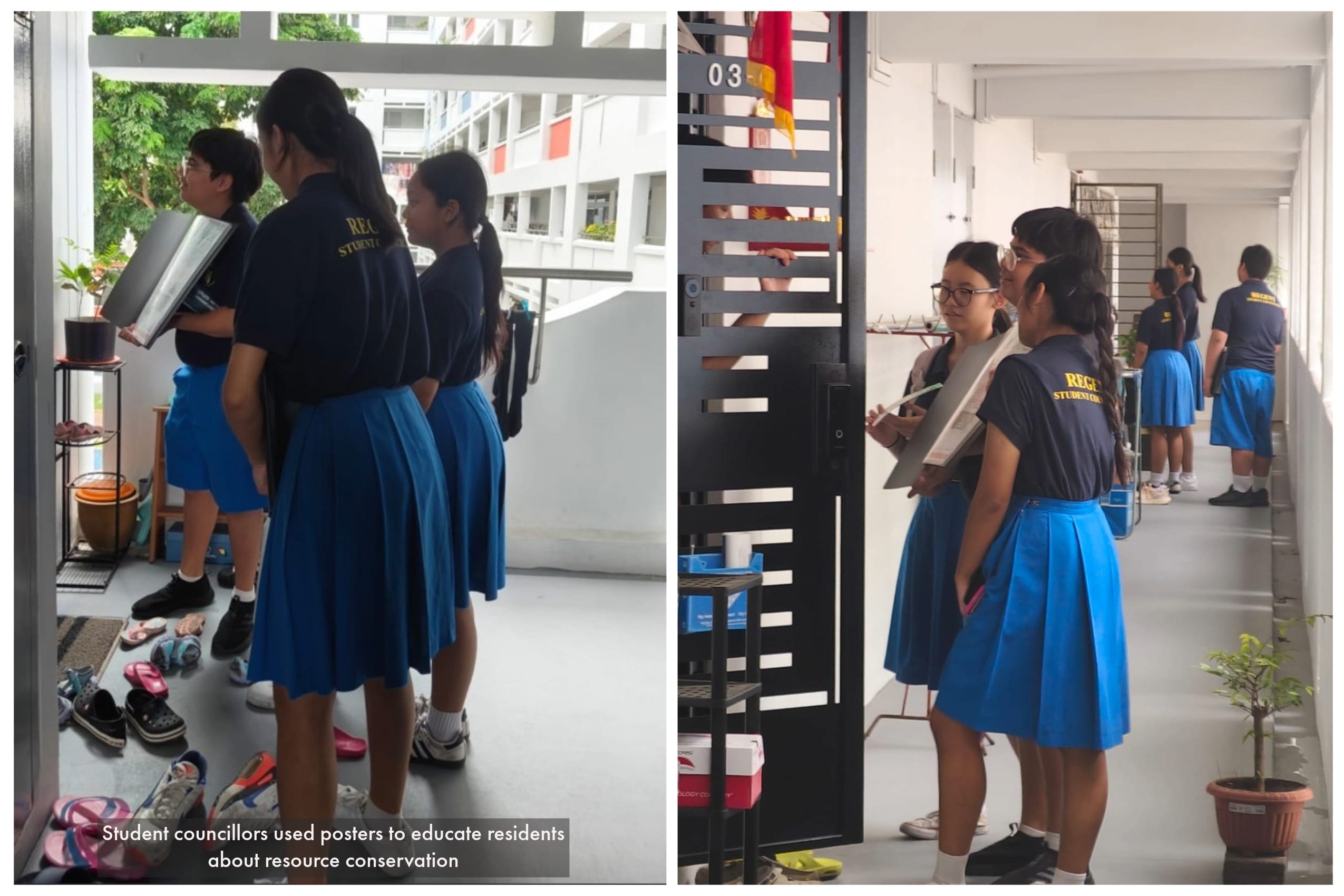 Students in blue skirts and dark uniforms stand at apartment doors holding posters to educate residents about resource conservation.