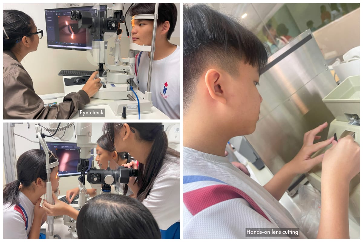 Students perform an eye check using a slit lamp machine and practice hands-on lens cutting in an optical clinic.