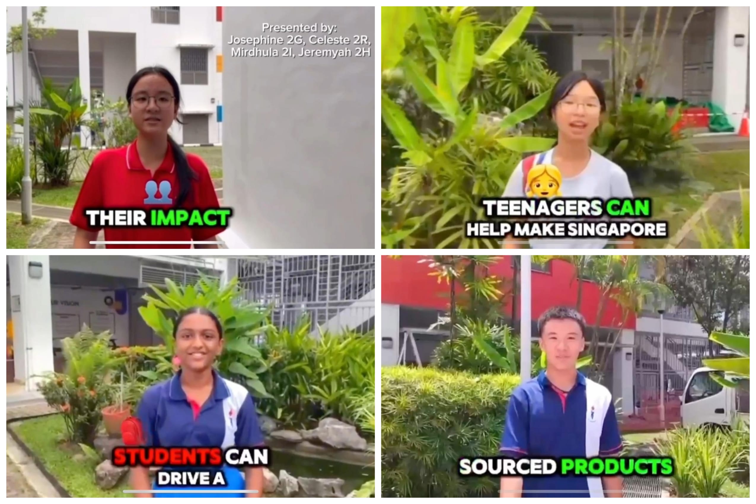 Four students in school uniforms speak outdoors with bold text overlays about teenagers and students making an impact in Singapore.