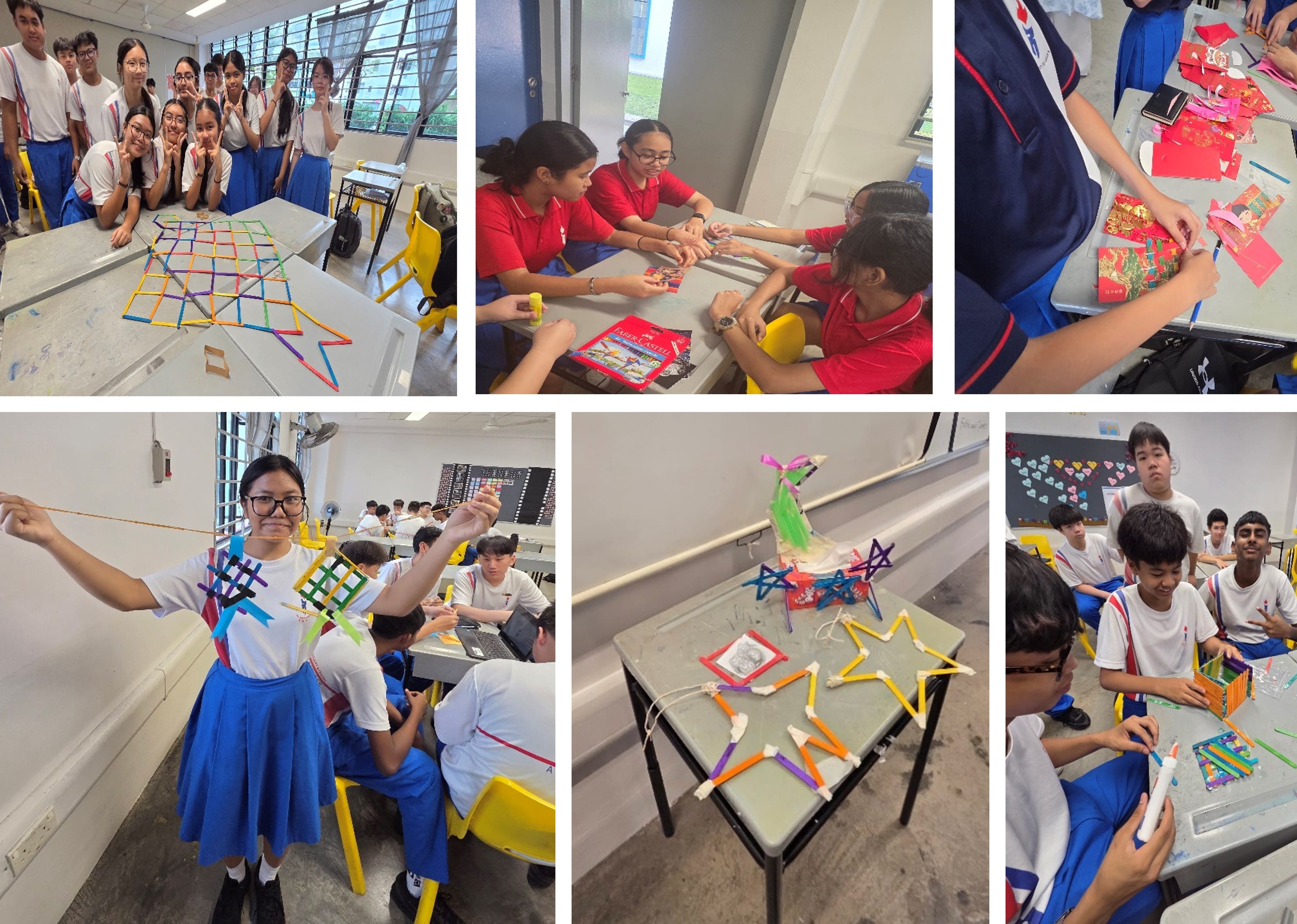 Students in school uniforms doing craft activities with colorful sticks, creating grid and star shapes in a classroom.