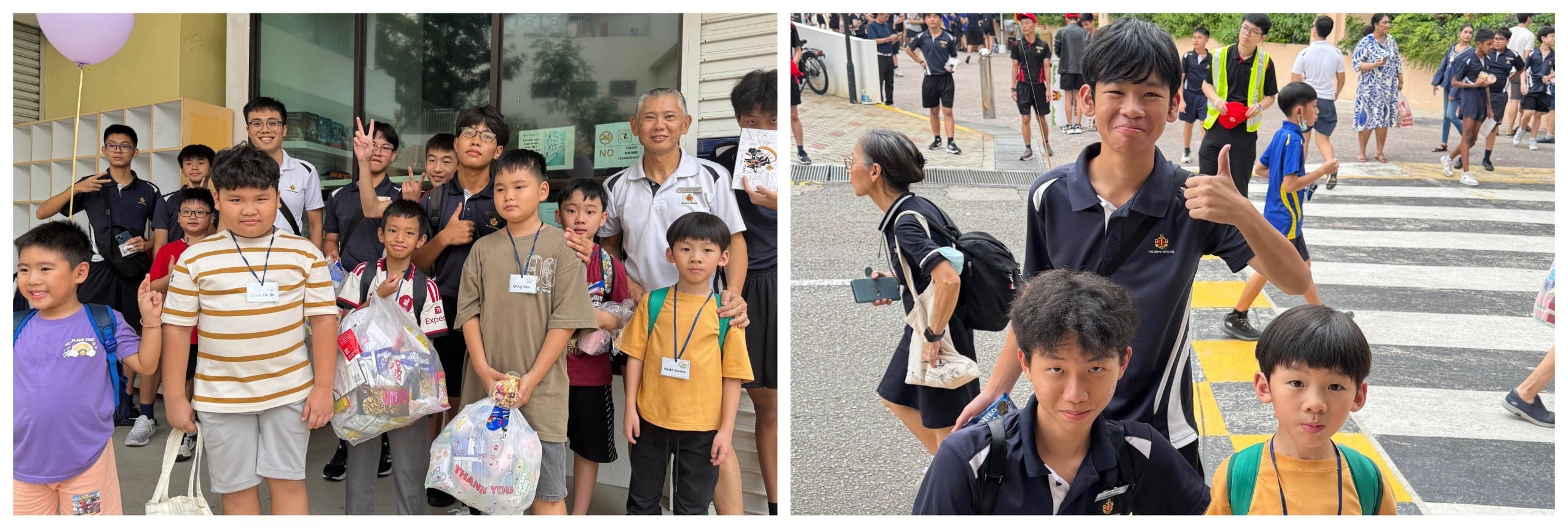 Two school scenes: students posing indoors with gift bags and outdoors at a crosswalk, giving thumbs up.