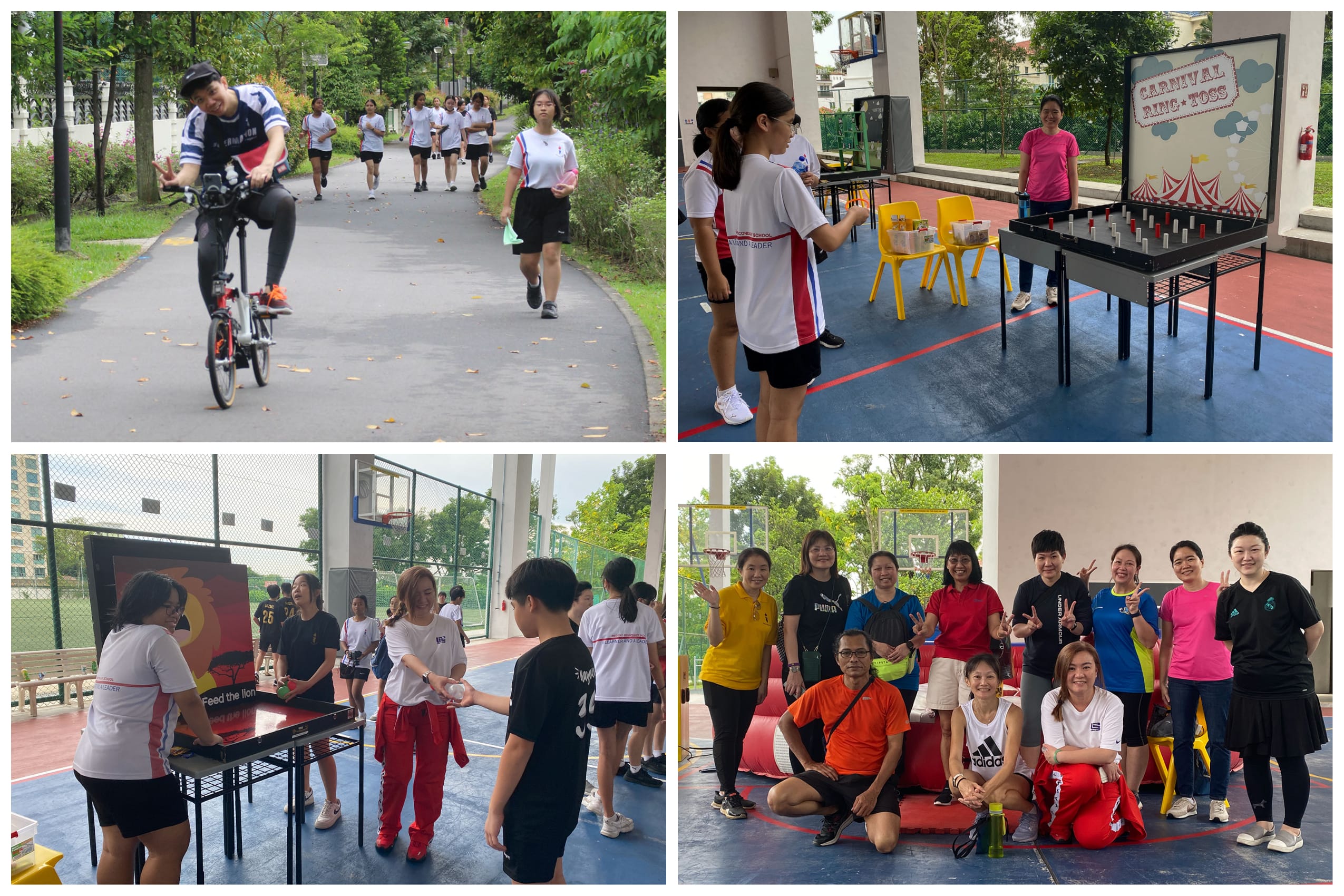 Four photos: cyclist with runners, ring toss game, people at booth, and group posing in a sports court.