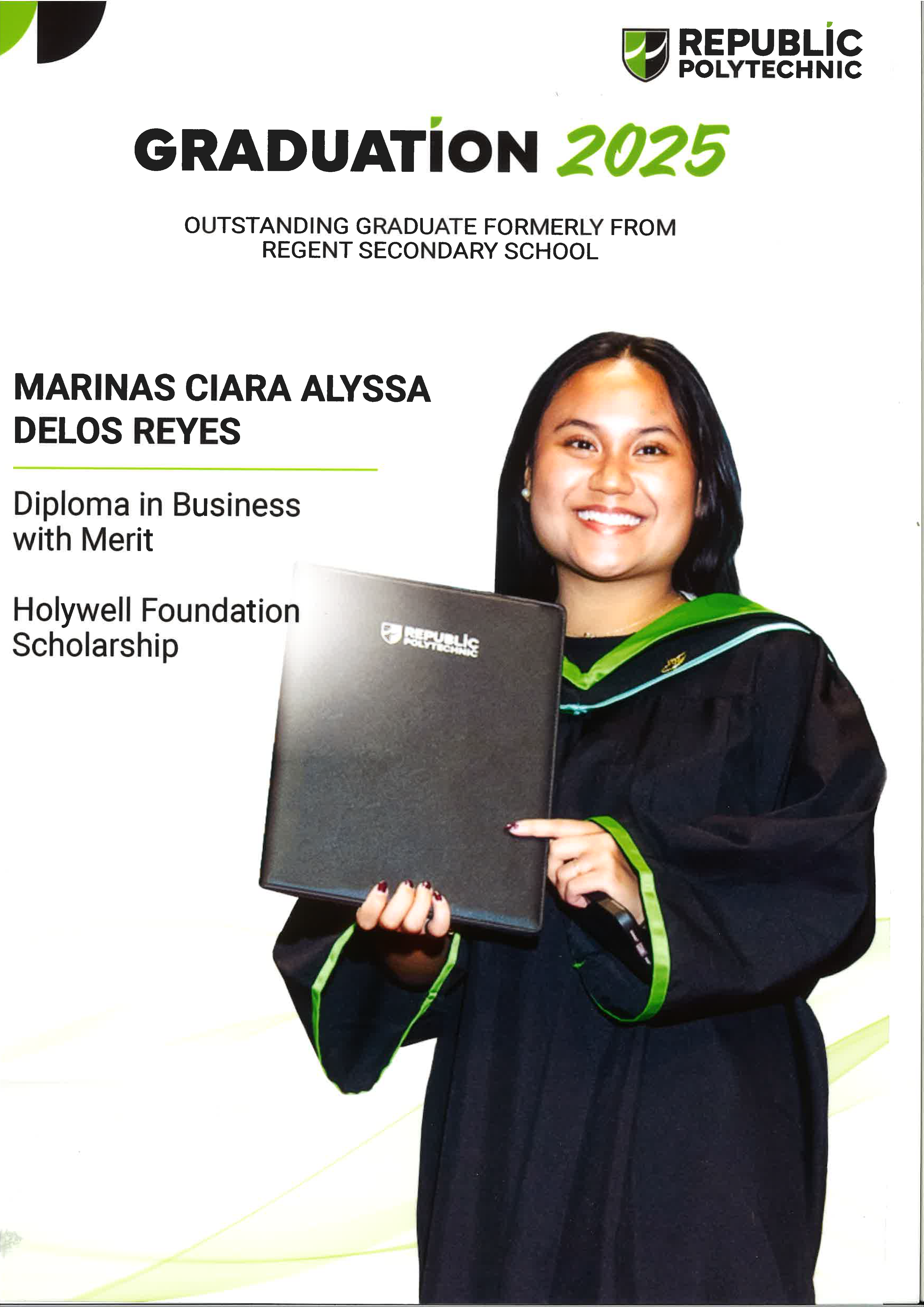 Republic Polytechnic Graduation 2025 flyer featuring a smiling woman in black gown holding a diploma folder.