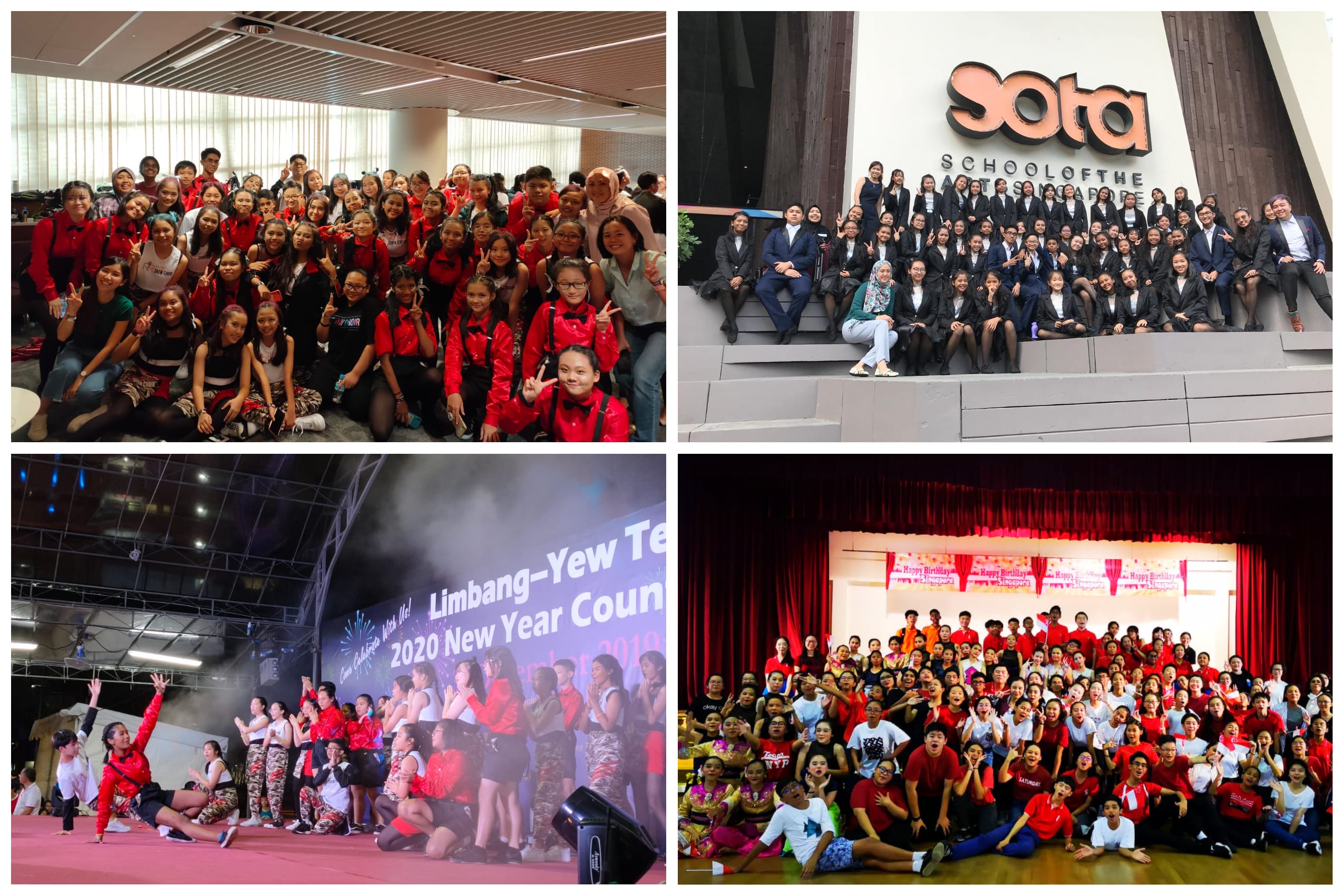 Four group photos of students at events including SOTA Singapore, a 2020 New Year countdown, and group celebrations.