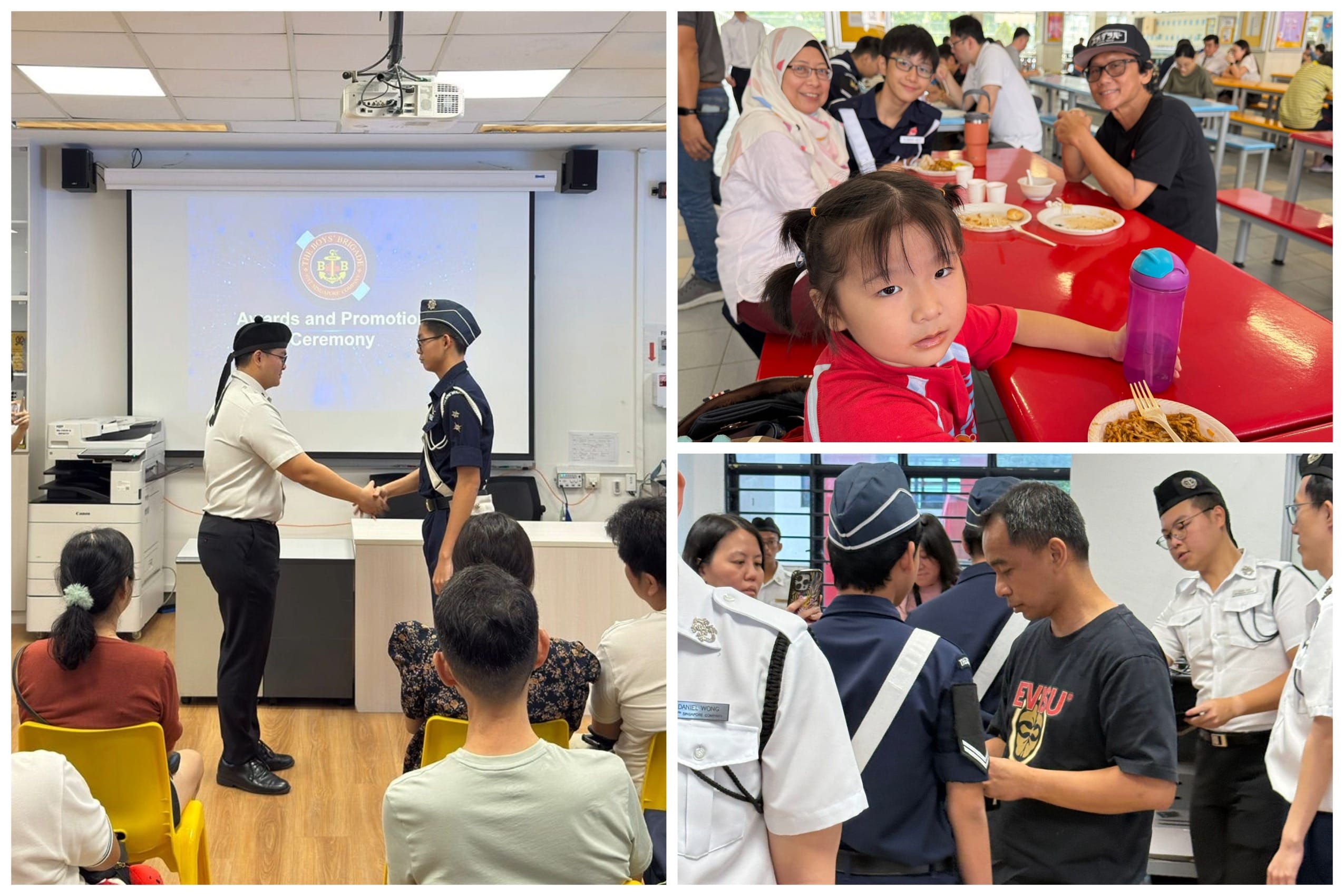 Three scenes from a Boys Brigade awards ceremony: a handshake on stage, families dining, and uniformed members mingling.