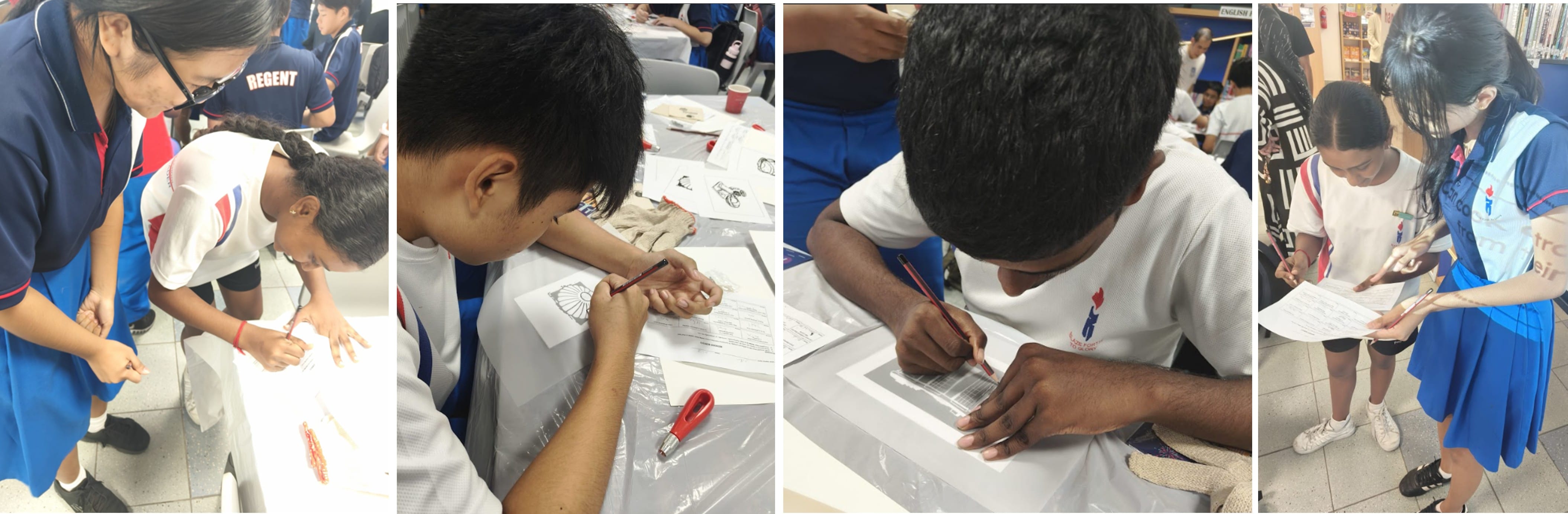 Students in school uniforms work on drawing and writing activities at tables in four side-by-side photos.