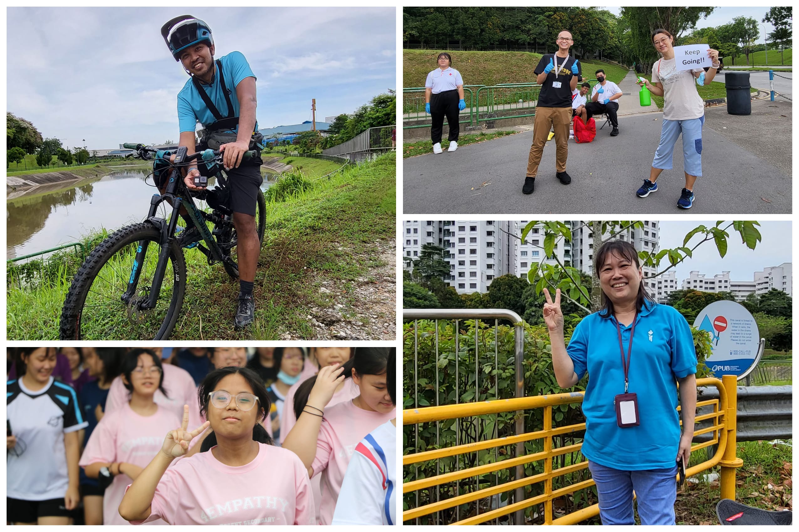 Collage: cyclist by canal; small group cheering; girl in pink; woman in blue giving peace sign.