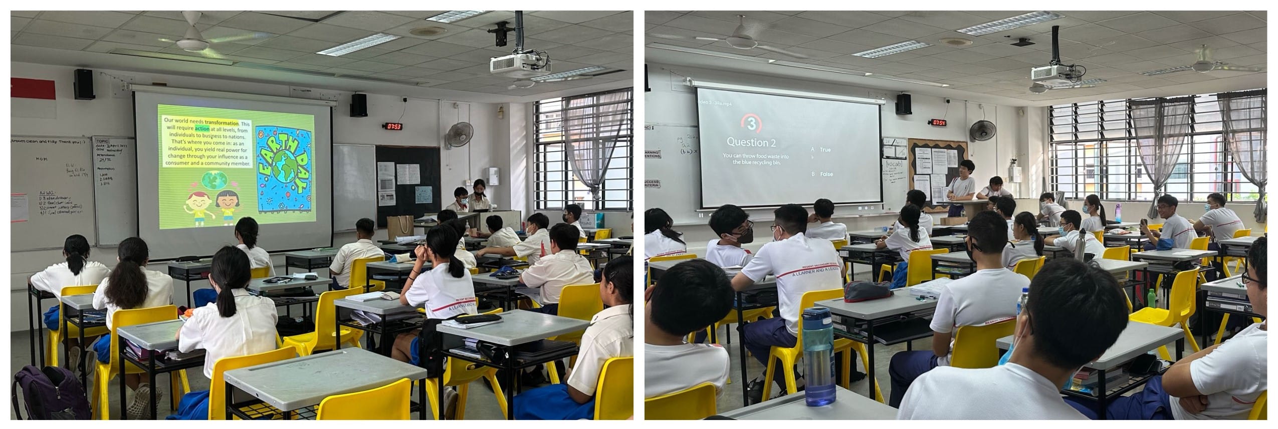 Students in a classroom watch projected screens showing an Earth Day slide and a quiz question about recycling.