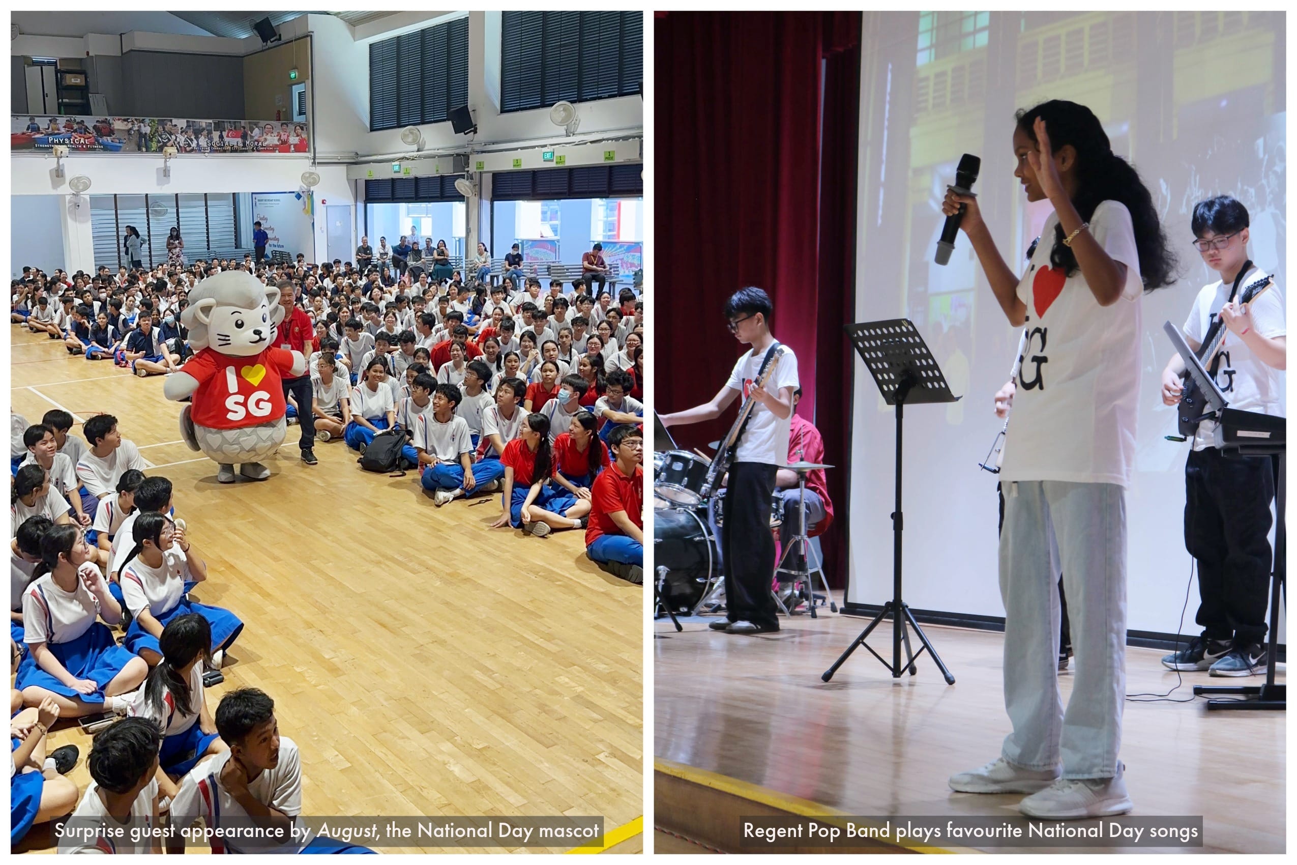 Students gather in a gym with an I Love SG mascot; right shows a student band performing on stage.