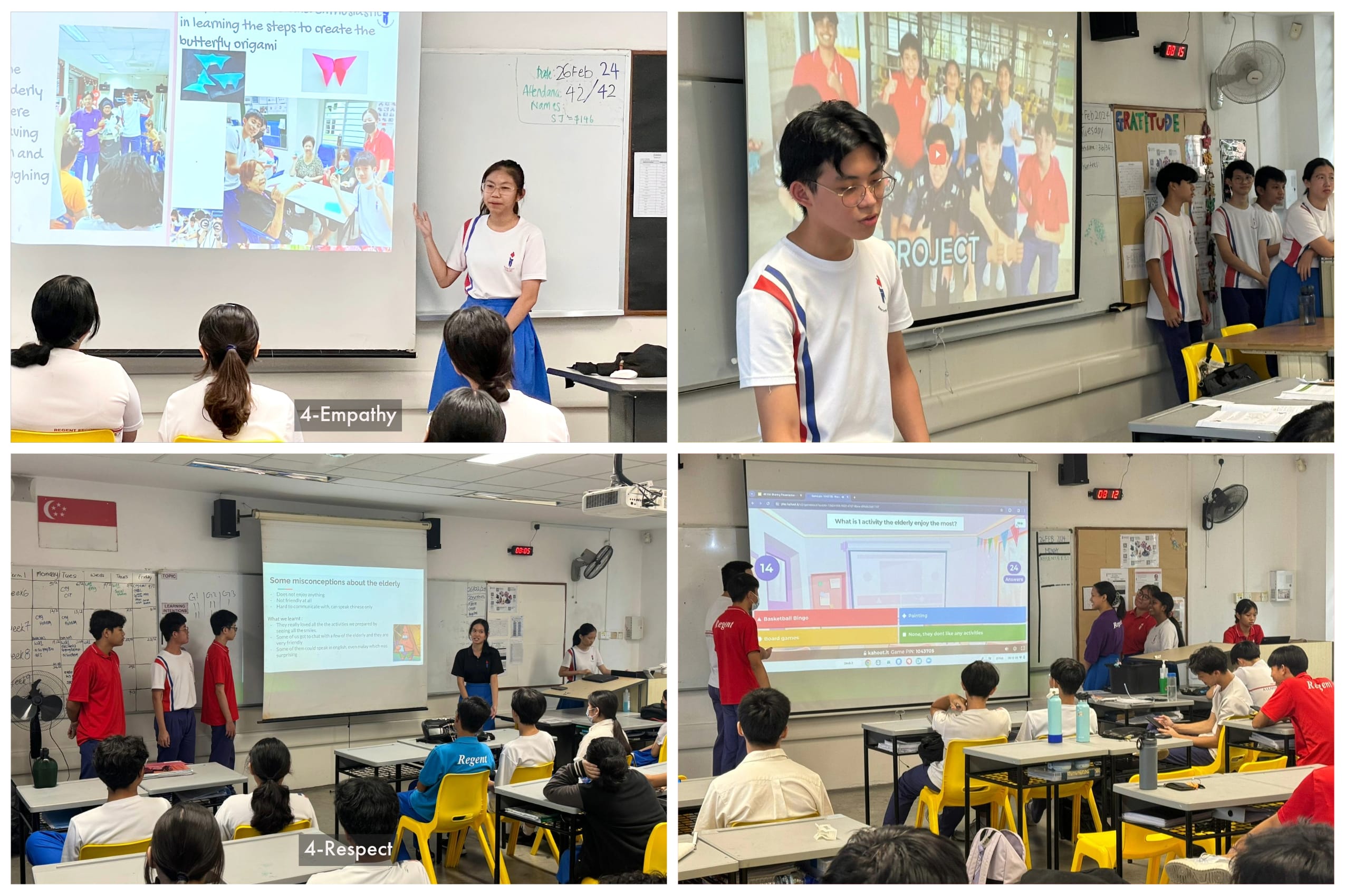 Four classroom scenes showing students in school uniforms presenting projects on screens to seated classmates.