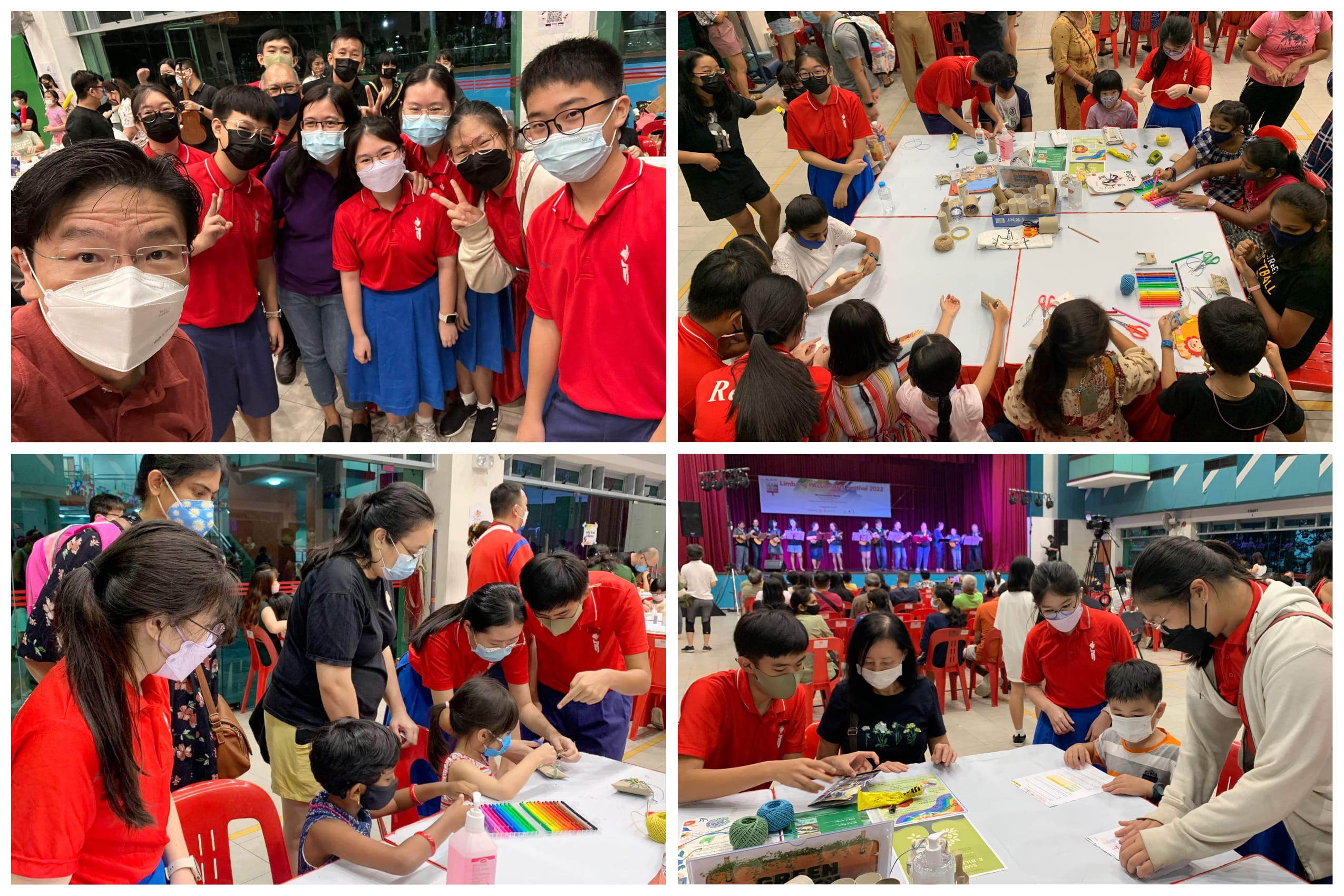 Collage of masked students in red shirts with kids and parents doing crafts, plus a stage event in a hall