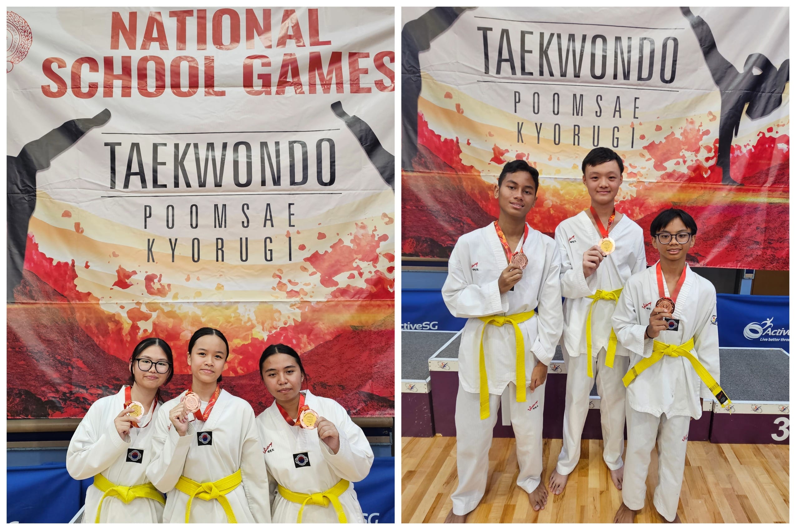 Six young taekwondo students in white uniforms with yellow belts hold medals at the National School Games banner.
