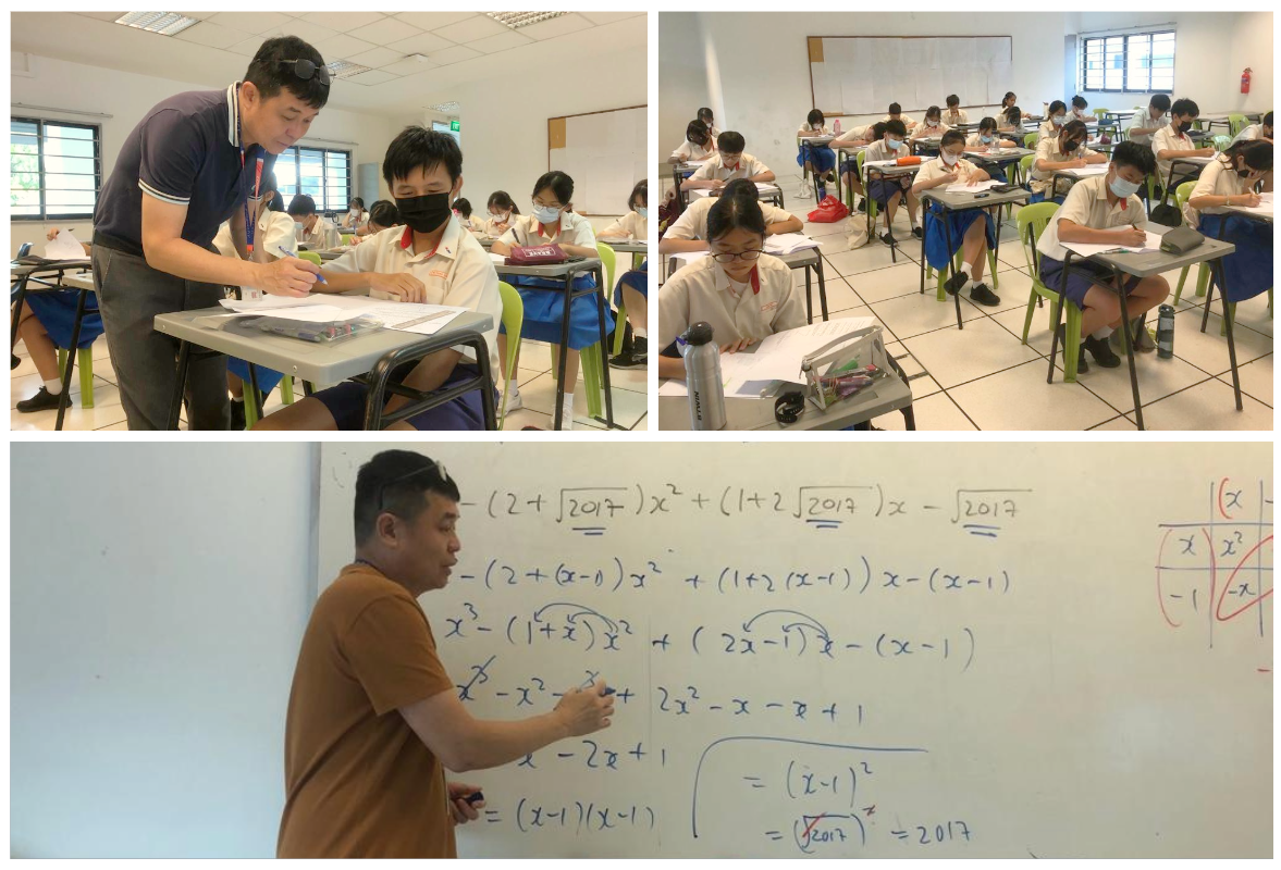 A teacher helps masked students at desks, while another teacher writes algebra equations on a whiteboard.