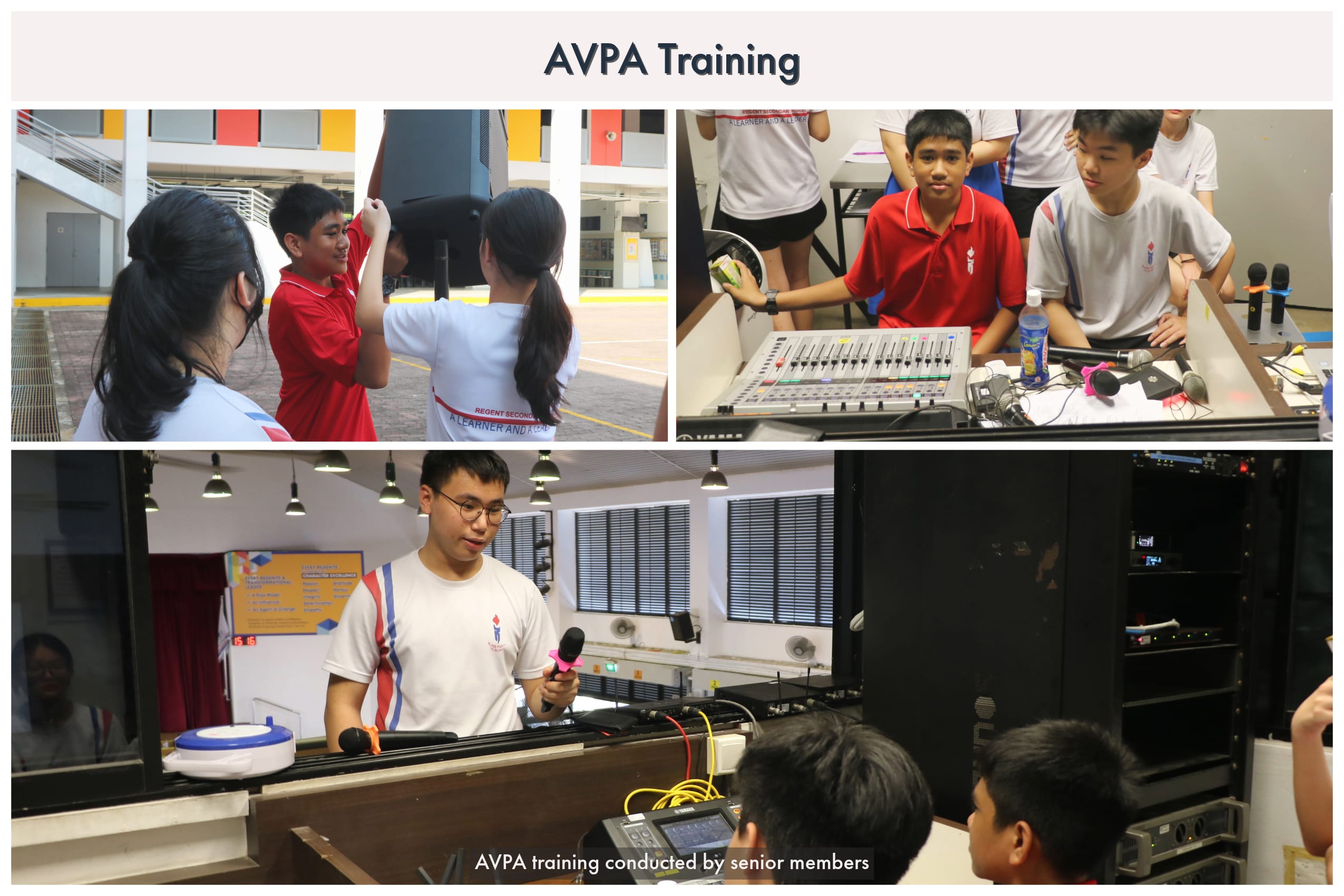 Three photos show students in AVPA training, handling speakers, an audio mixing board, and microphones indoors.
