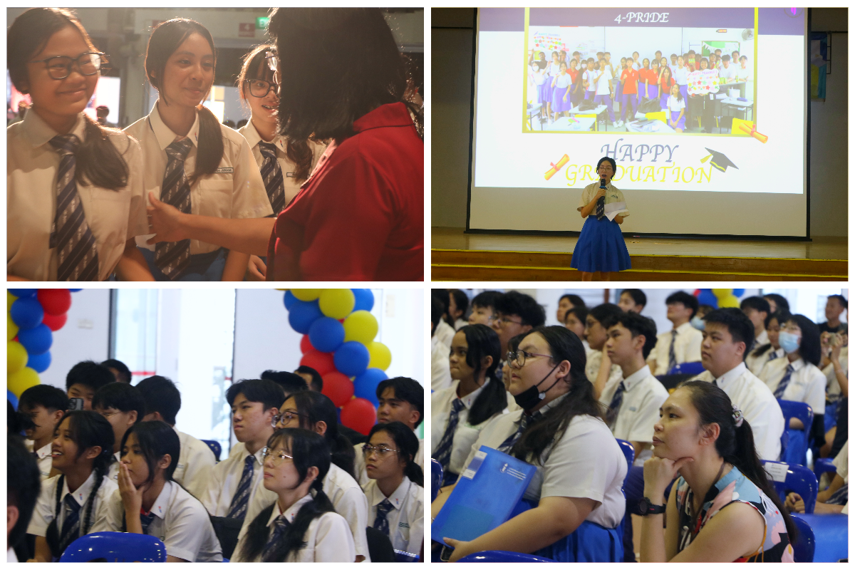 Four photos of a school graduation event showing uniformed students socializing, a speaker on stage, and audiences seated.