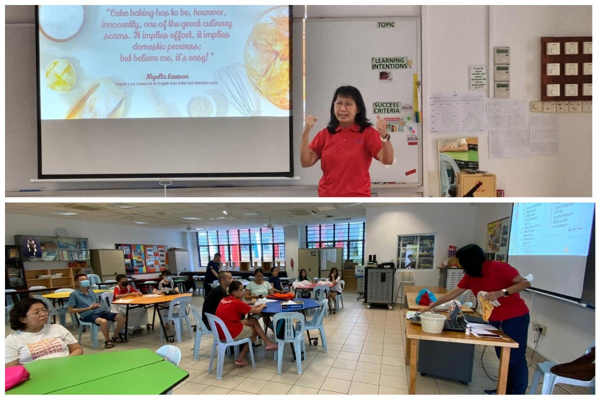 A woman in red presents a baking quote on a projector screen above a classroom of seated participants at tables.