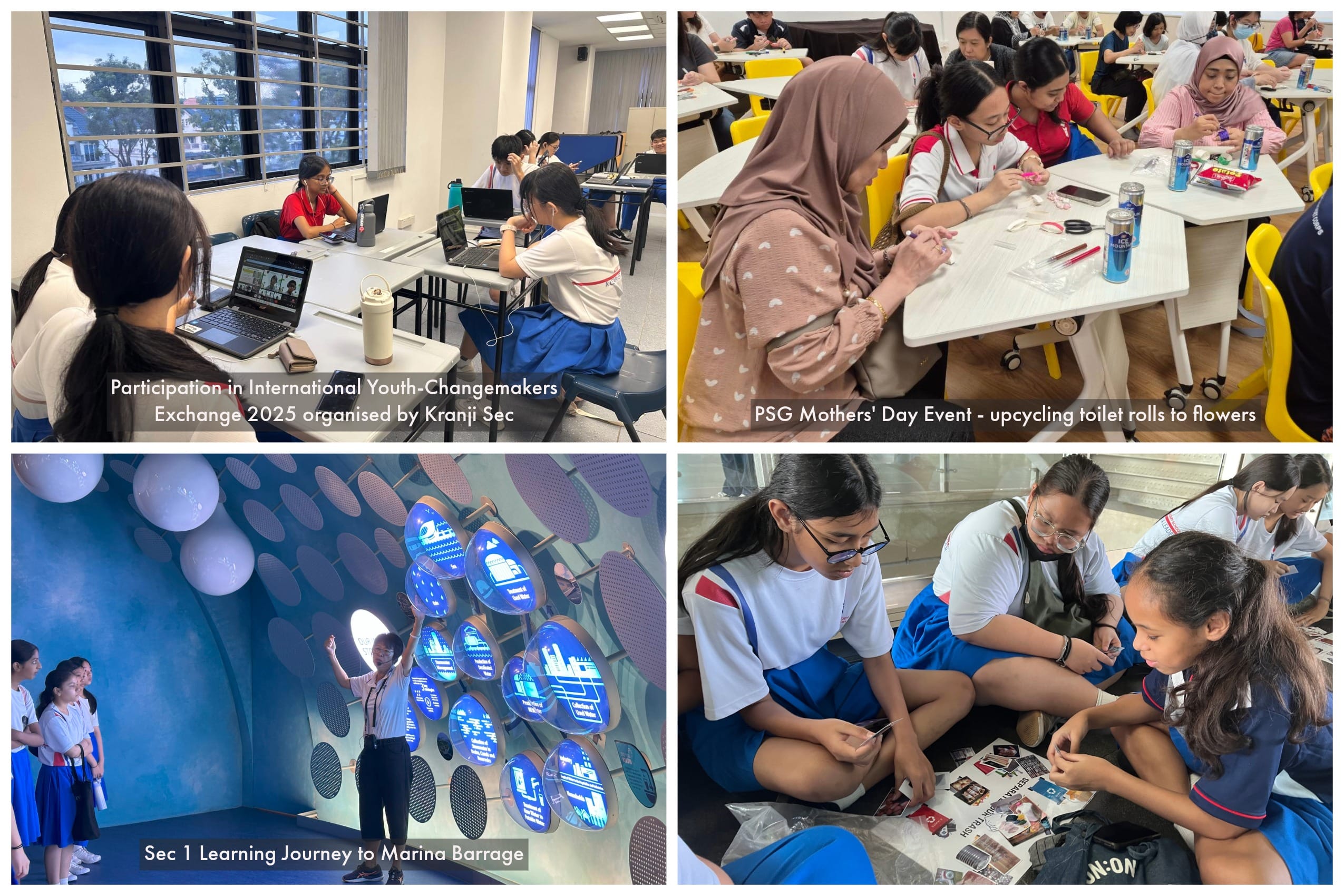 Four school event photos: virtual exchange, mothers crafting, Marina Barrage exhibit tour, and students working on floor activity.