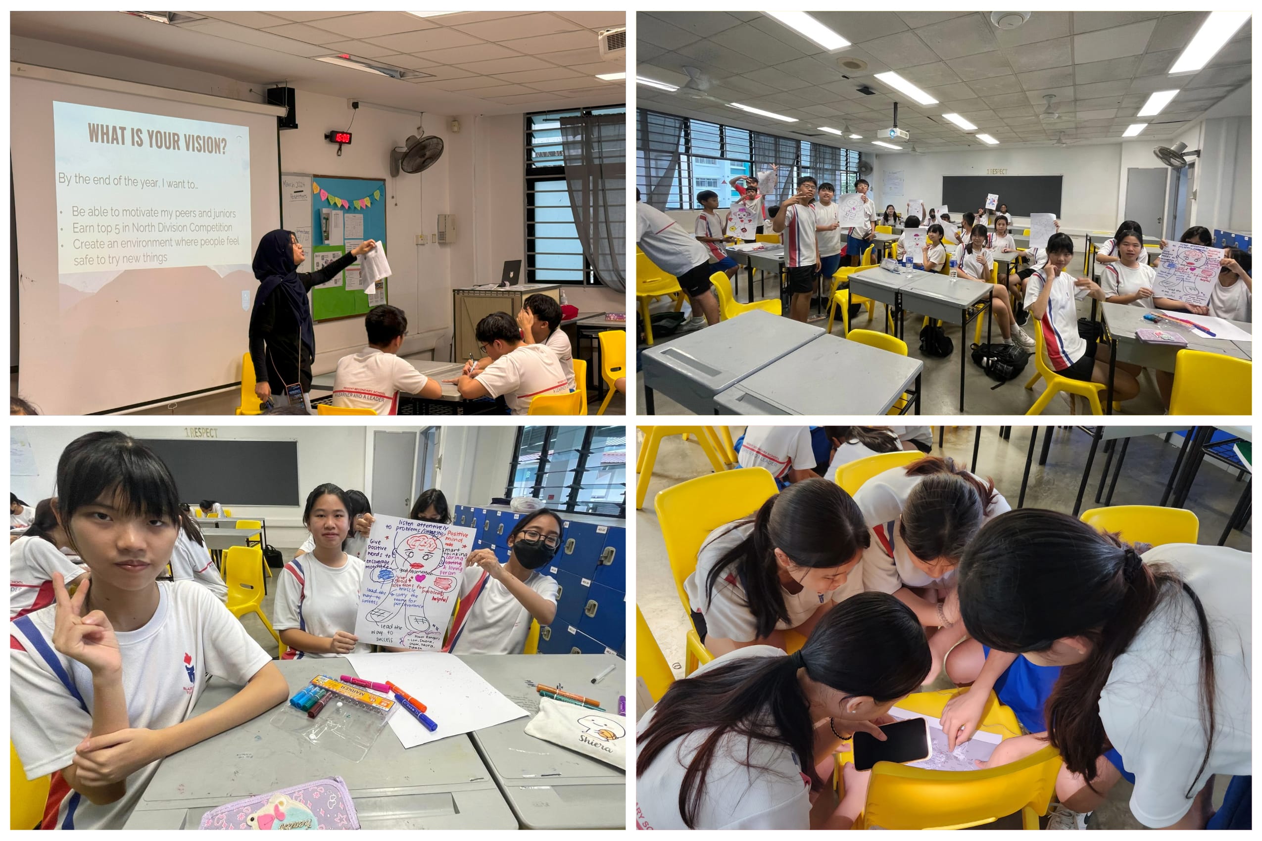 Four classroom scenes showing students in white uniforms doing group activities, a teacher presenting a vision slide, and students holding posters.
