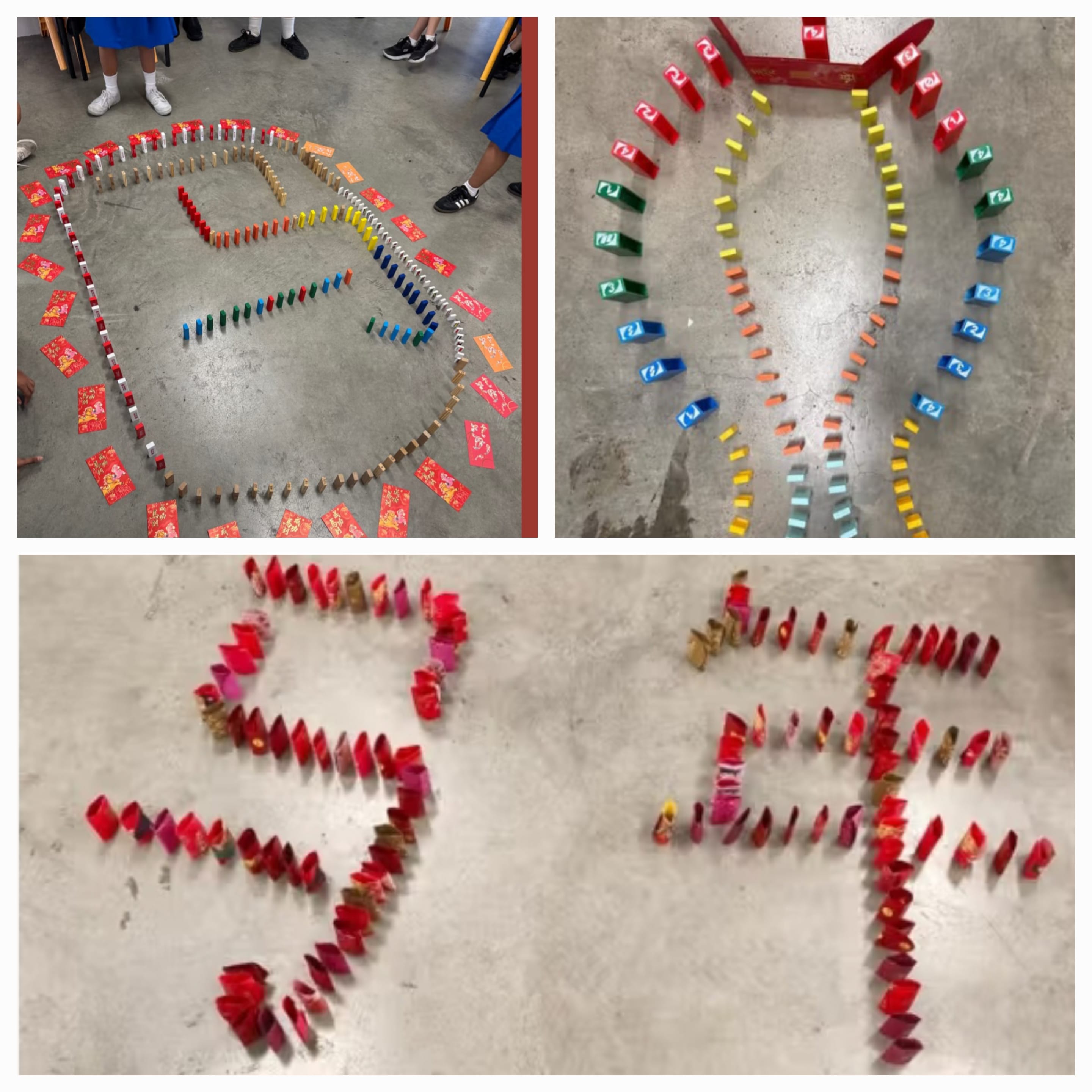 Colorful dominoes arranged in spiral and star patterns on a concrete floor, some made from red envelopes.