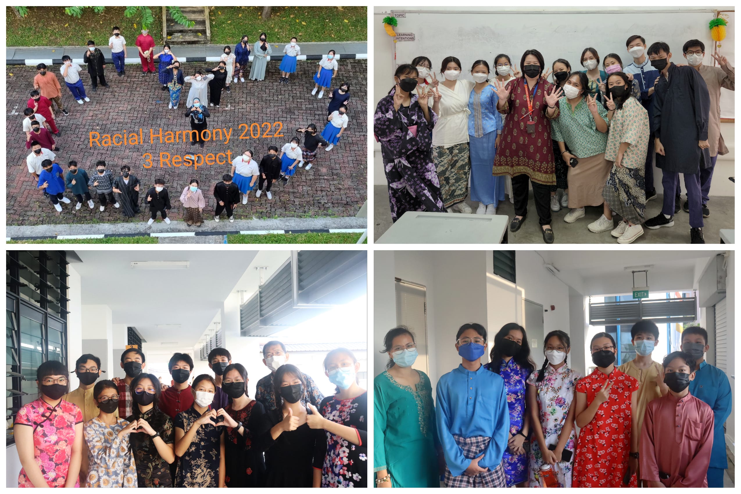 Four-panel collage of masked students in cultural outfits posing outdoors, in class, and in a hallway.