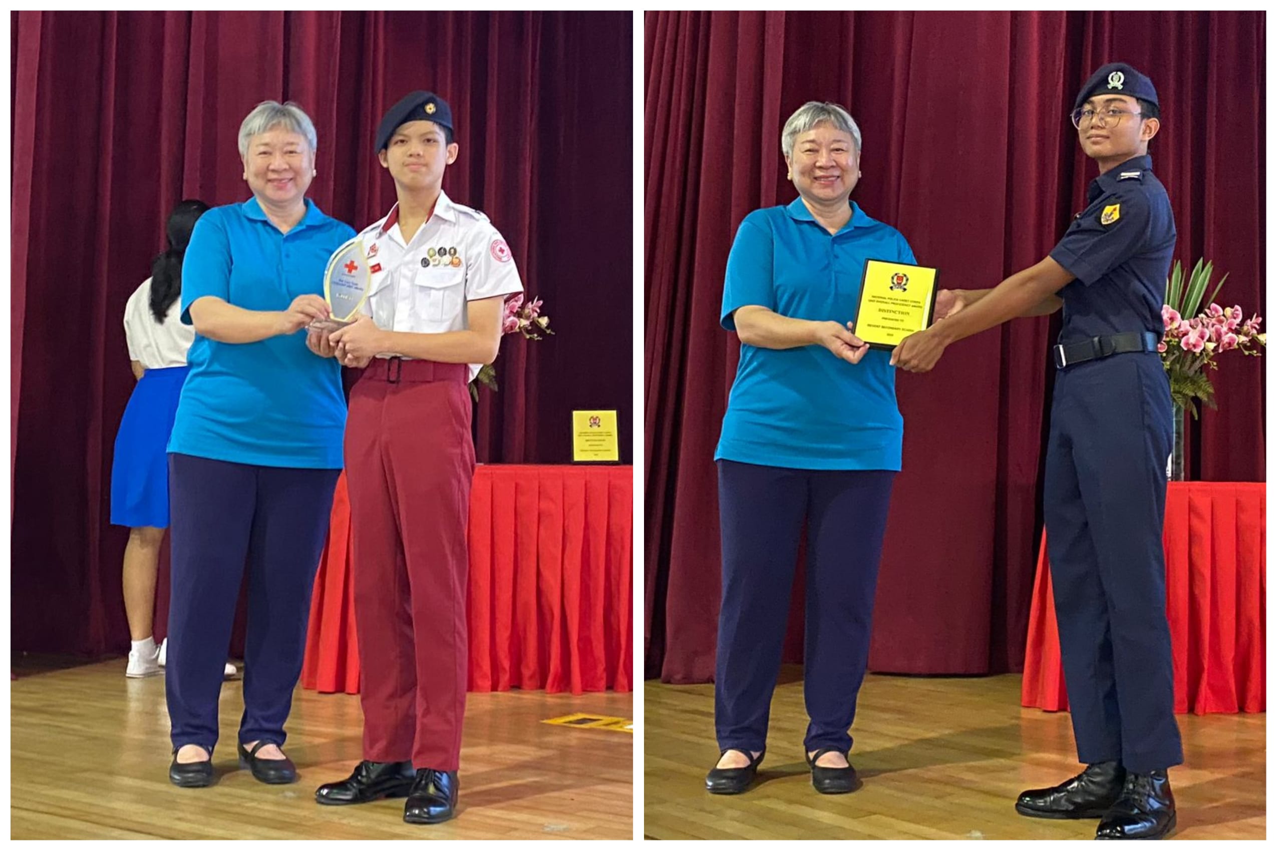 Two award presentations on a stage where a woman in blue presents trophies to uniformed youth cadets.