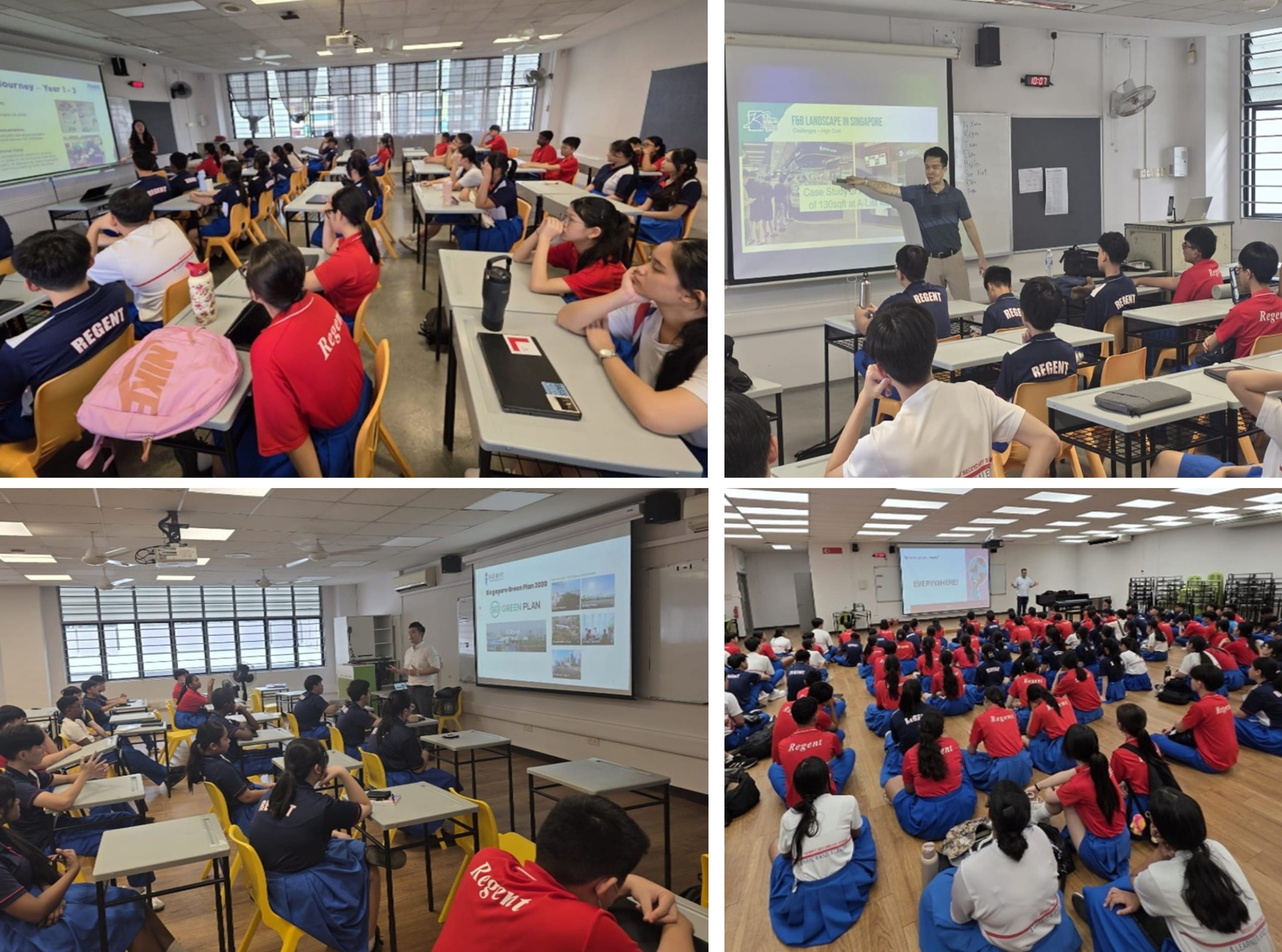 Four classroom scenes showing students in red and blue Regent uniforms attending presentations with projected slides.