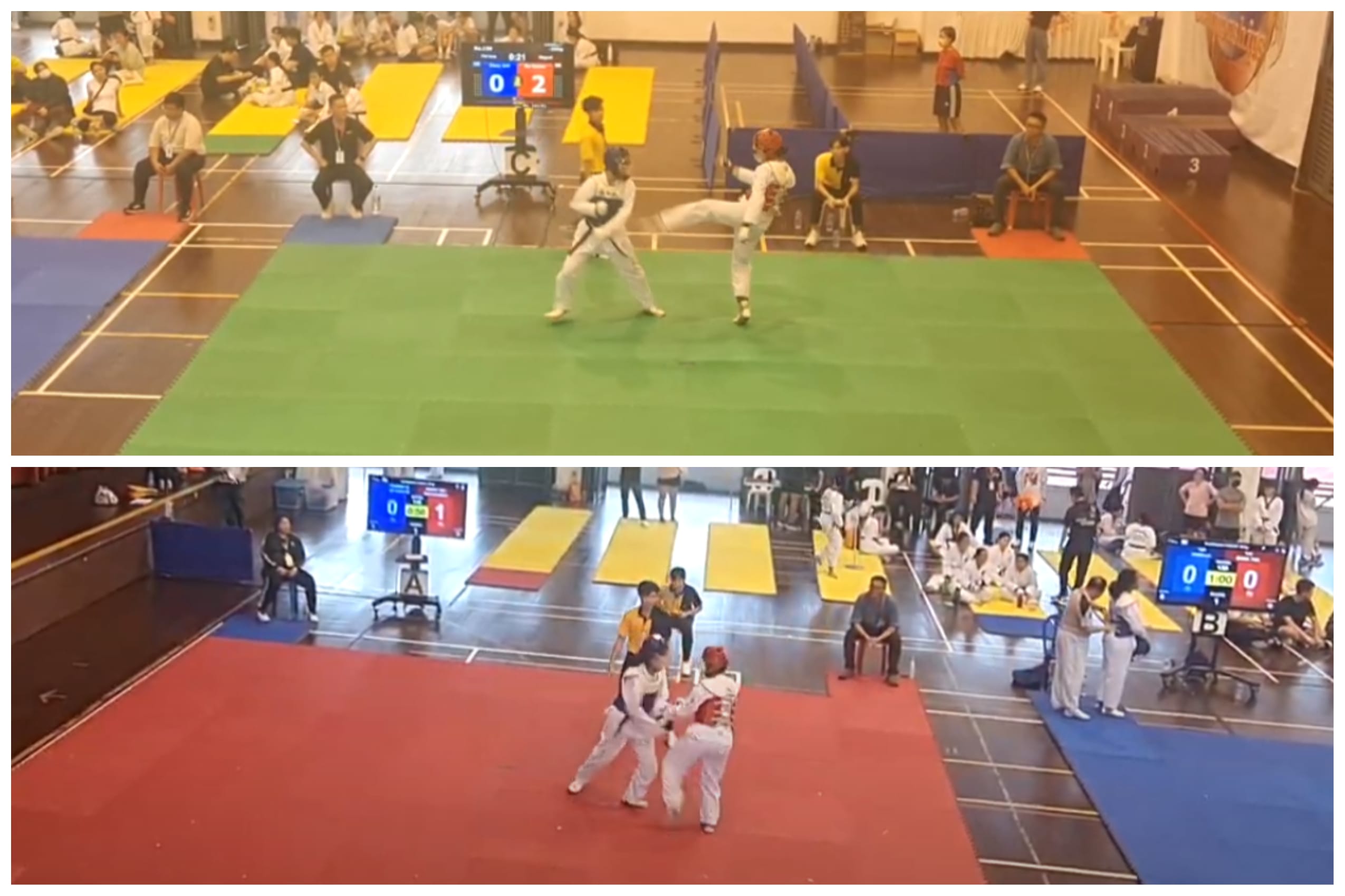 Two taekwondo matches taking place on colored mats in an indoor competition hall with scoreboards and spectators.