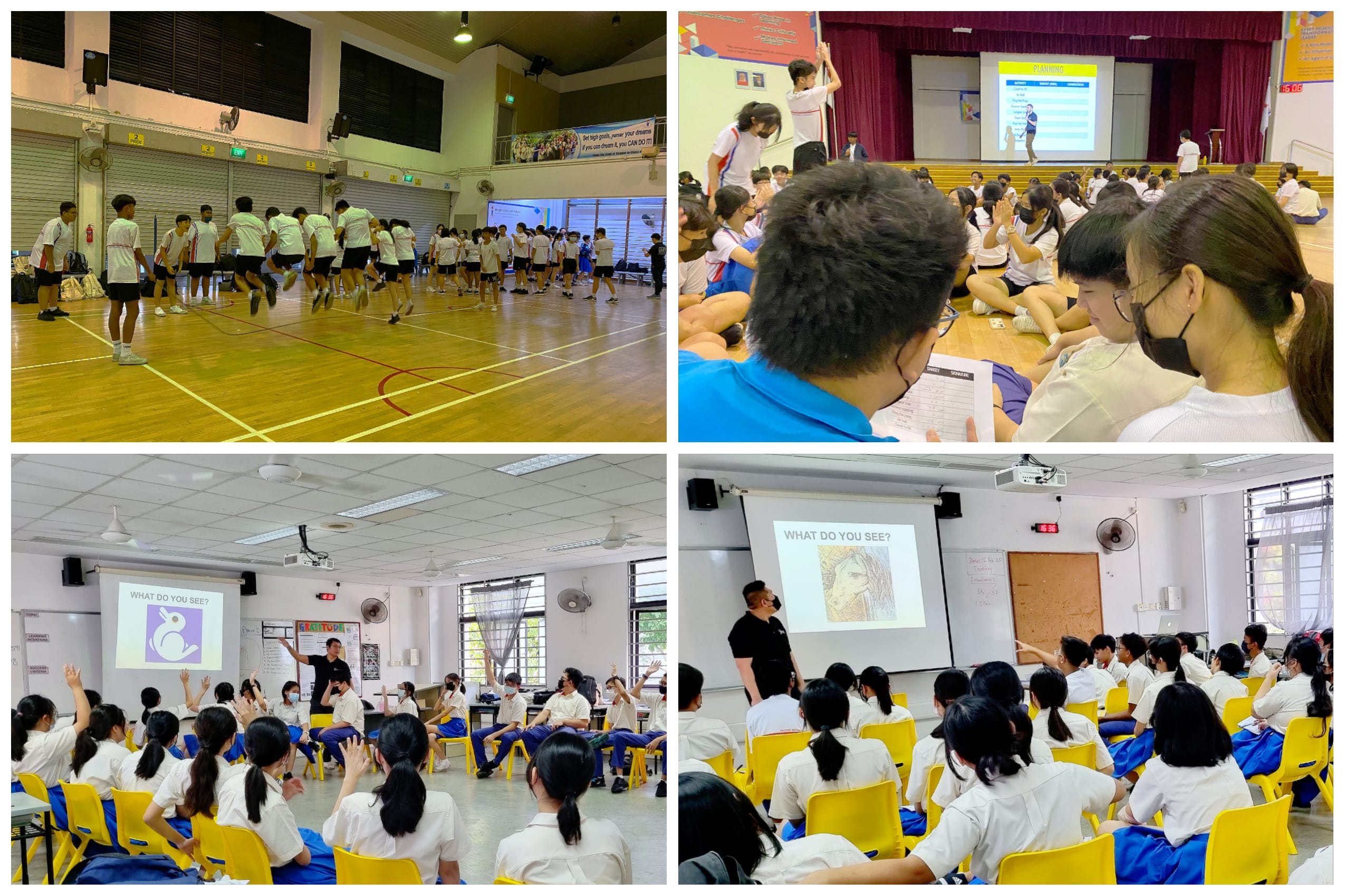 Four photos show students in gym and classrooms, running drills and raising hands during lessons.