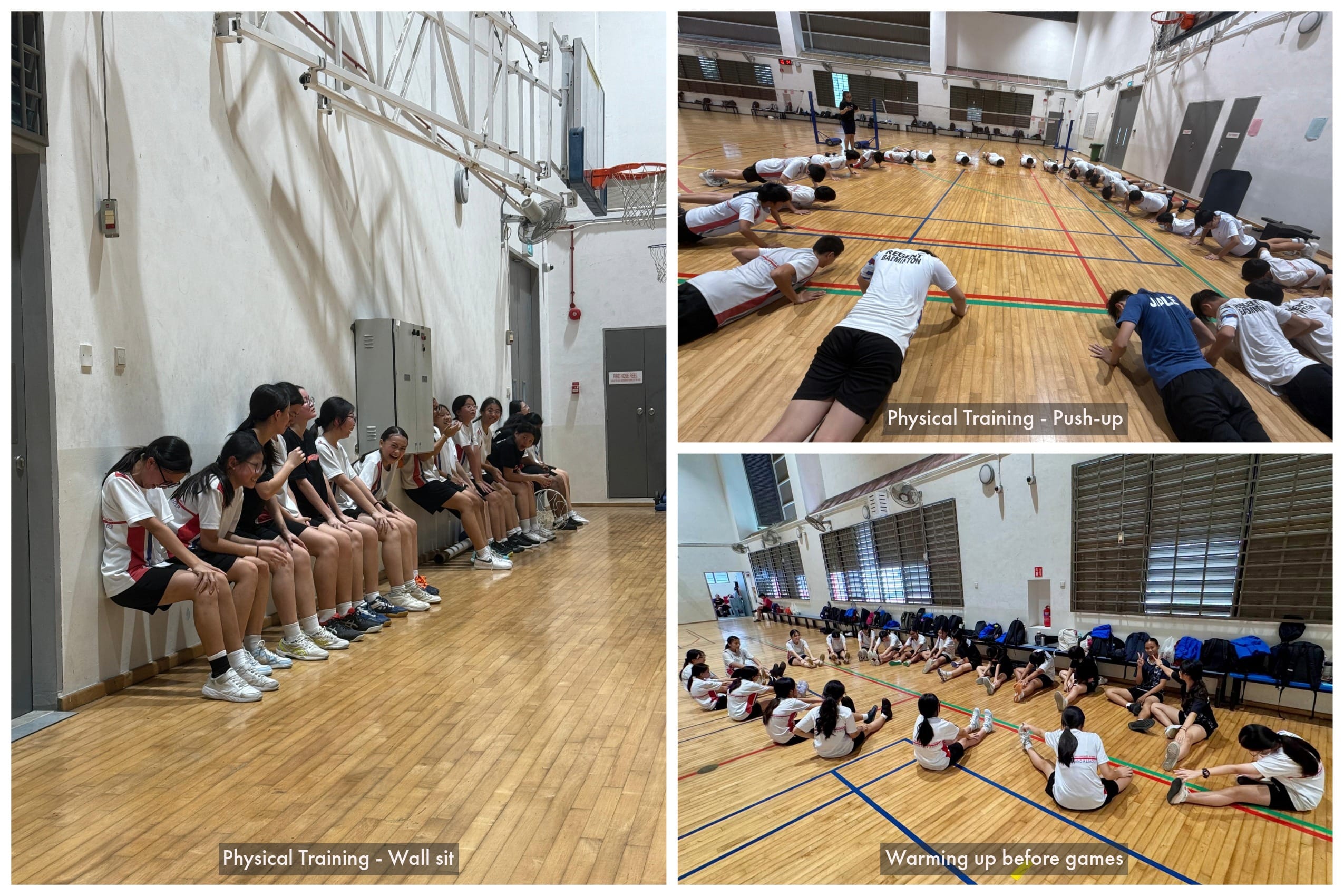 Students in a gym doing wall sits, push-ups, and sitting in a circle warming up before games.