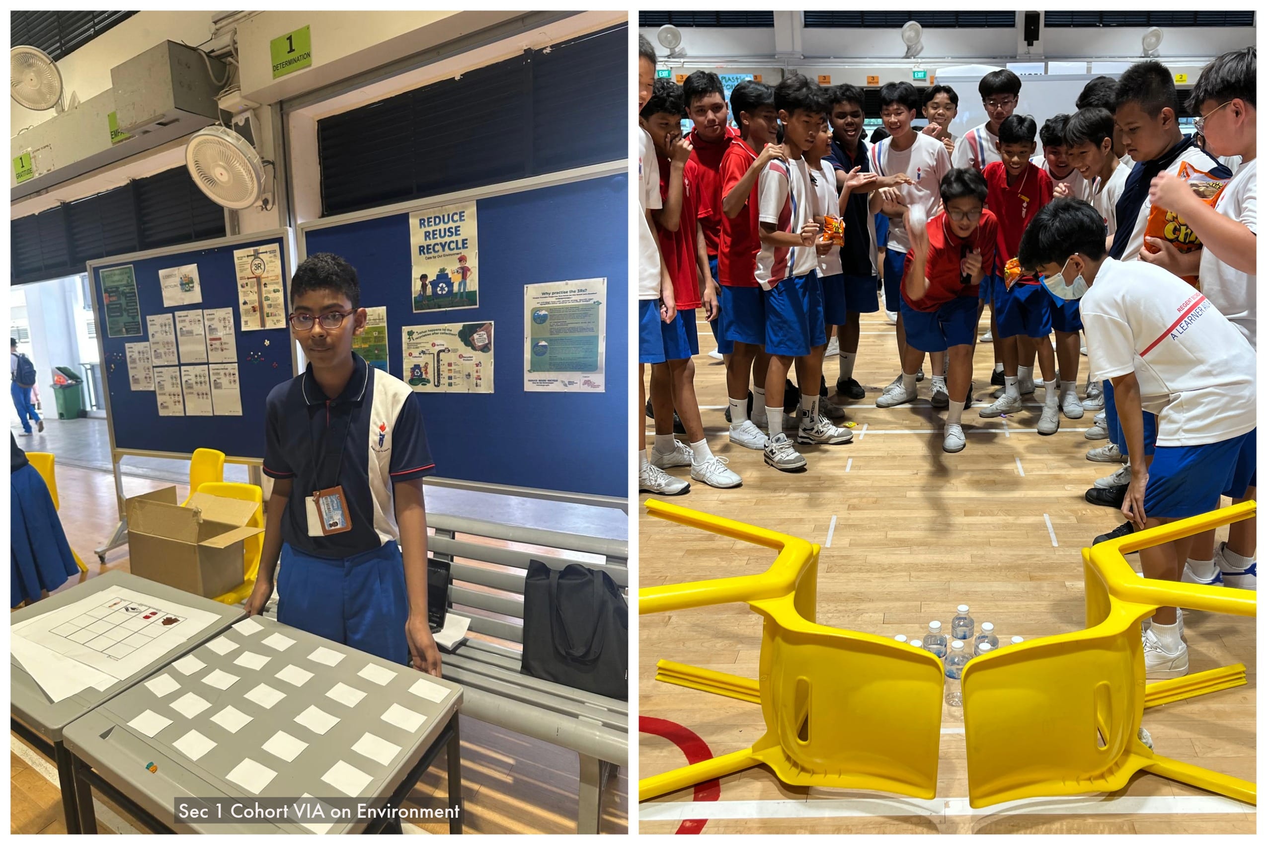 Students in school uniforms participate in an environment-themed activity, with a reduce reuse recycle poster display on the left.